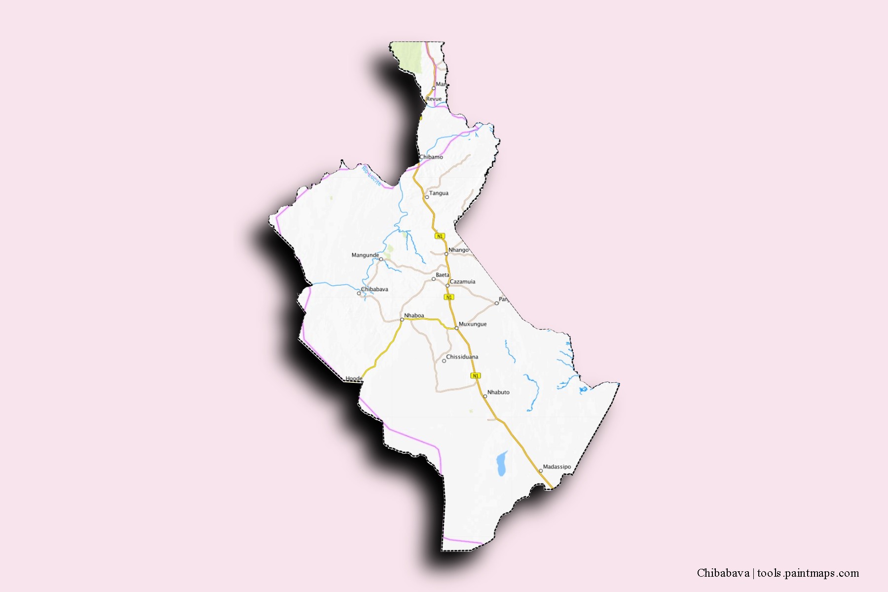 Mapa de barrios y pueblos de Chibabava con efecto de sombra 3D