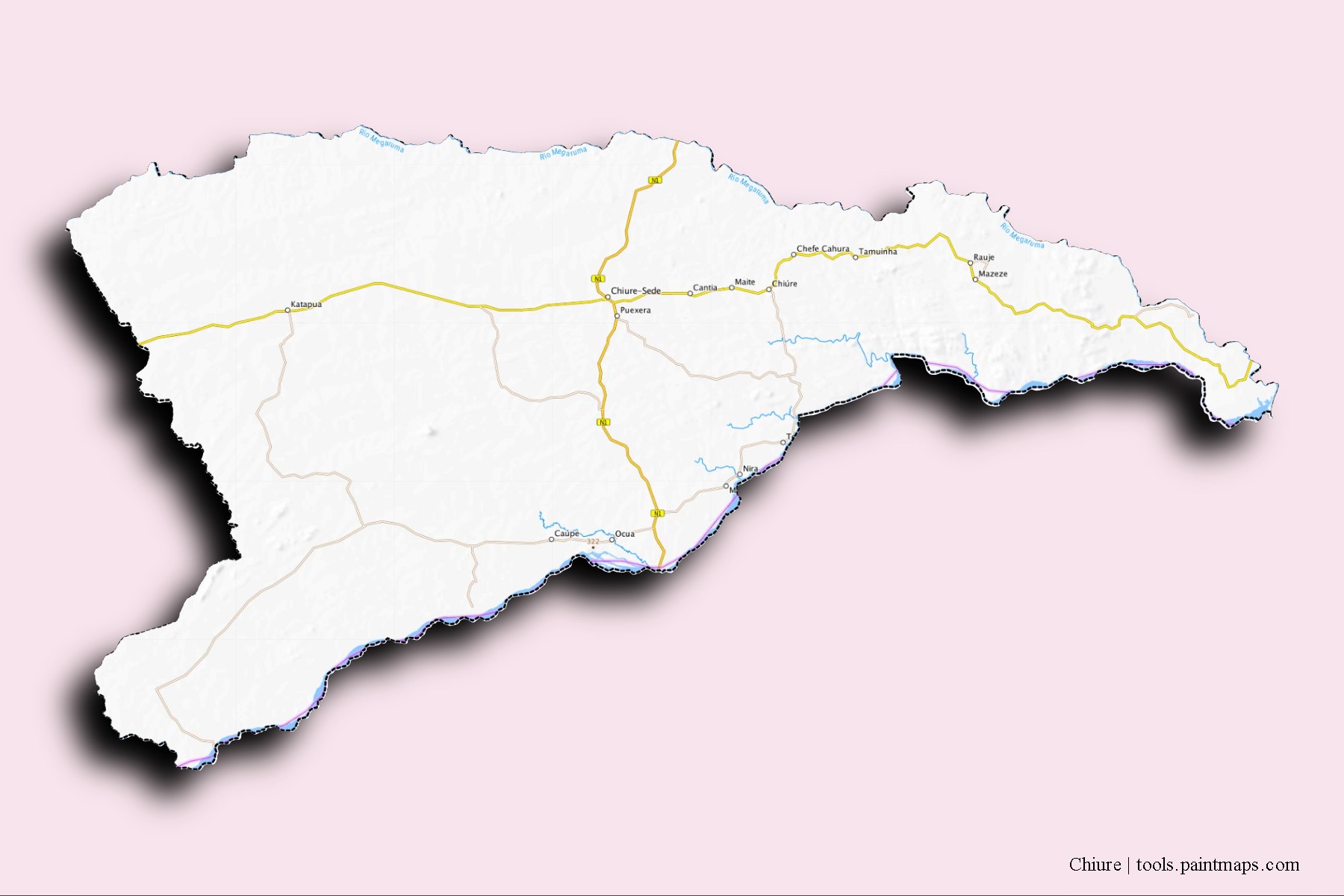 Mapa de barrios y pueblos de Chiure con efecto de sombra 3D