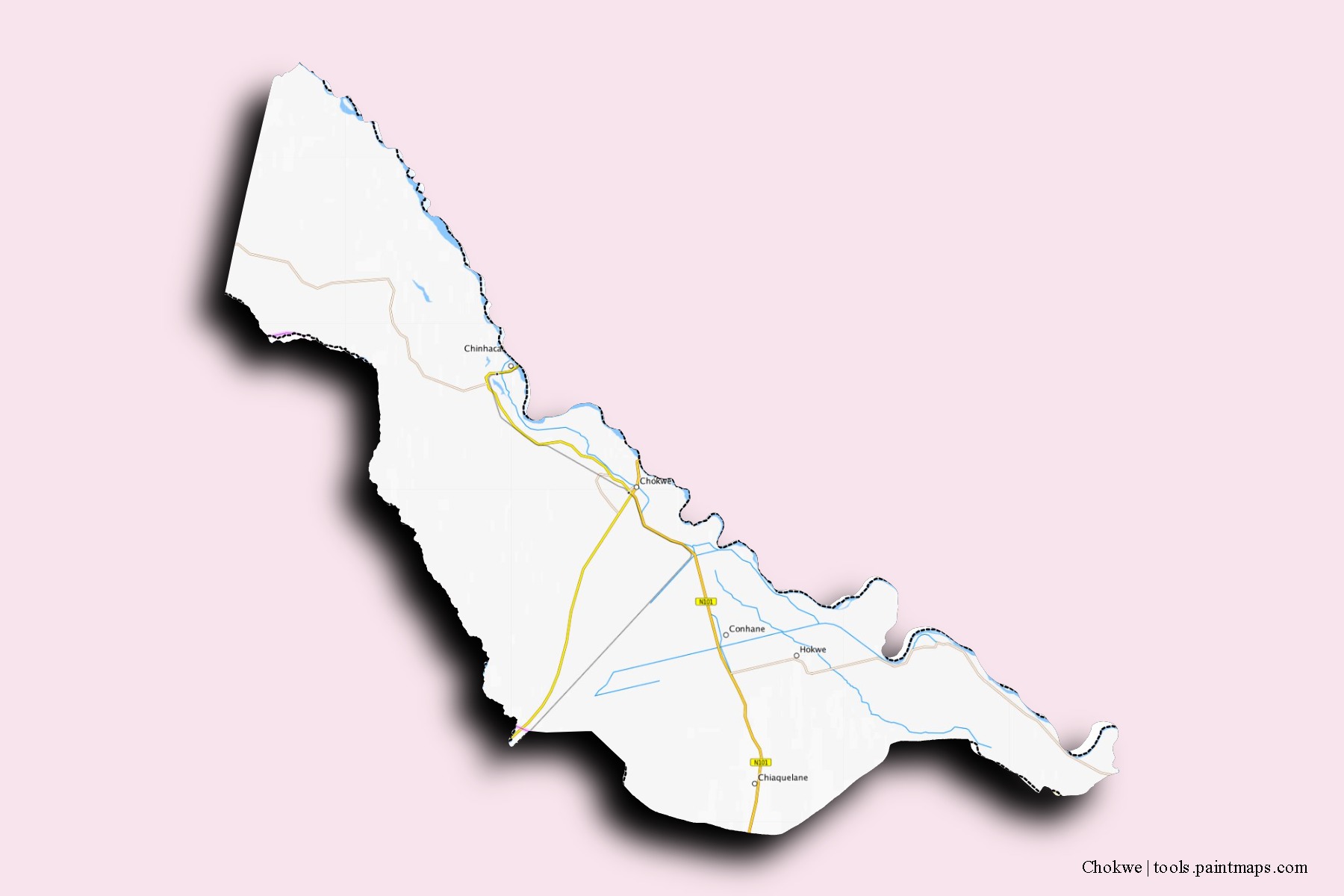 Mapa de barrios y pueblos de Chokwe con efecto de sombra 3D