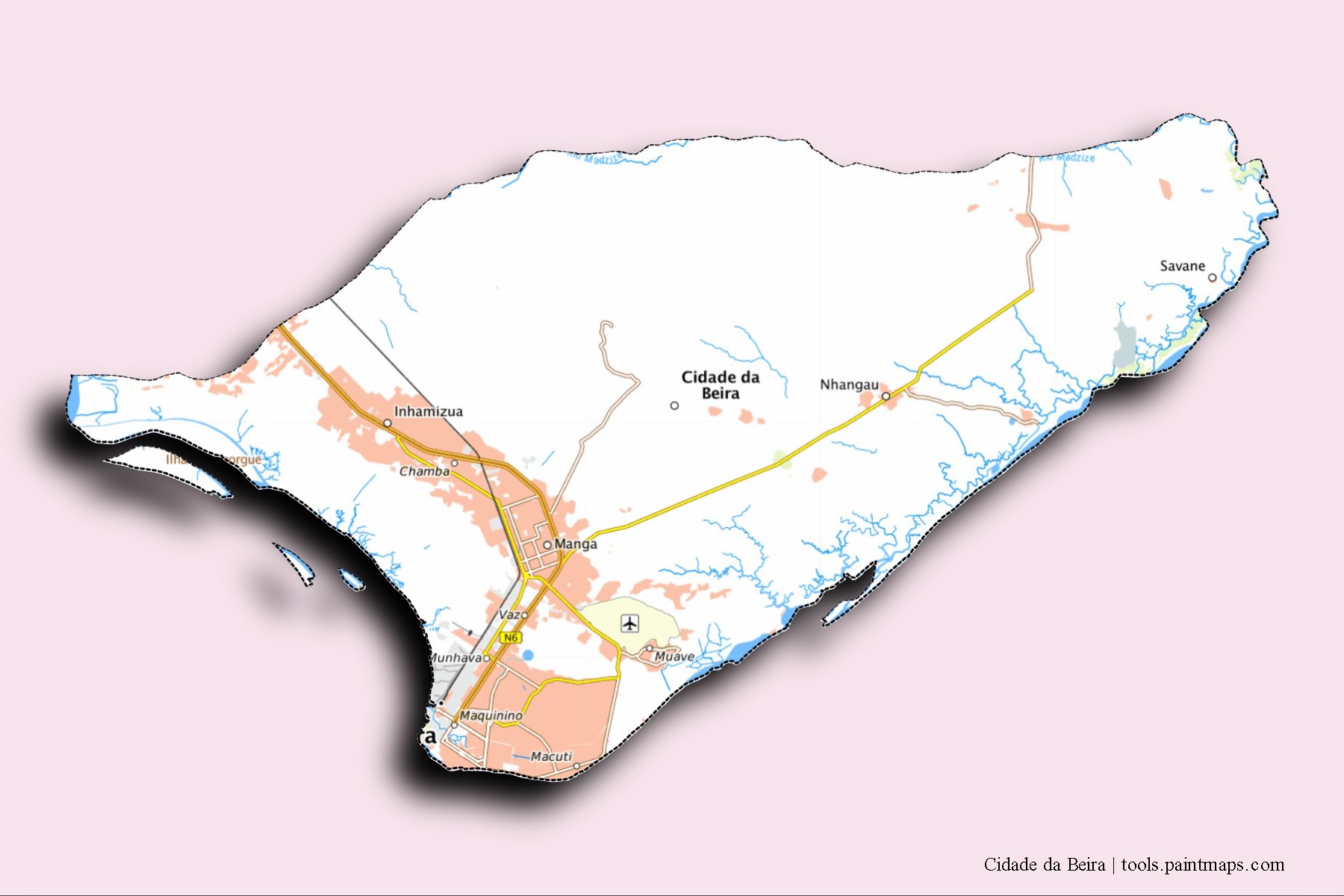 Mapa de barrios y pueblos de Cidade da Beira con efecto de sombra 3D