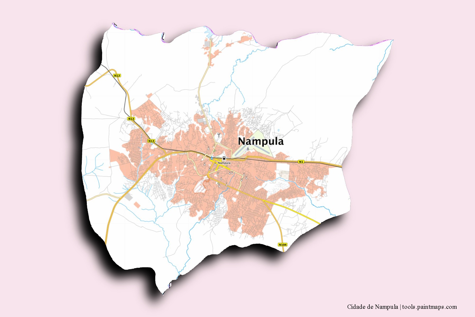 3D gölge efektli Cidade de Nampula mahalleleri ve köyleri haritası