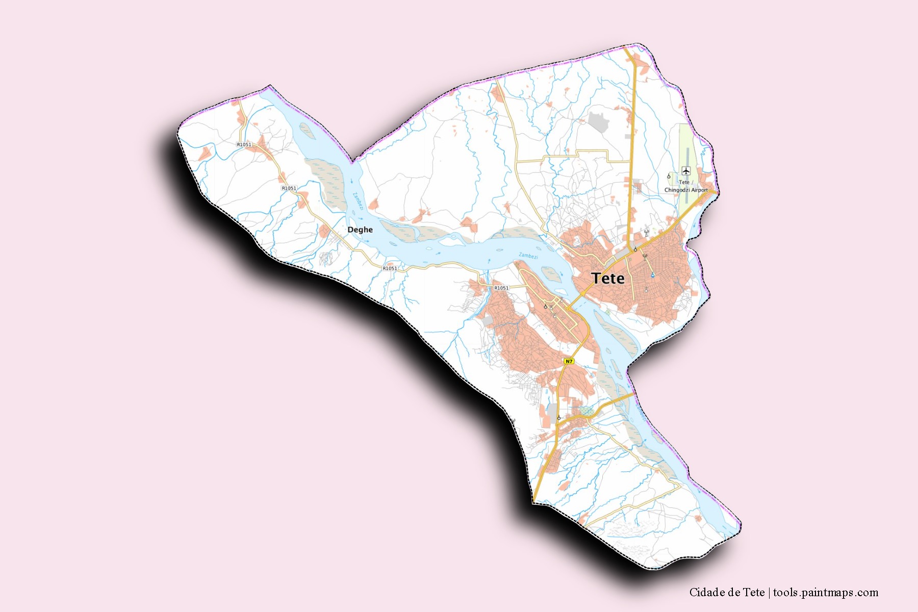3D gölge efektli Cidade de Tete mahalleleri ve köyleri haritası
