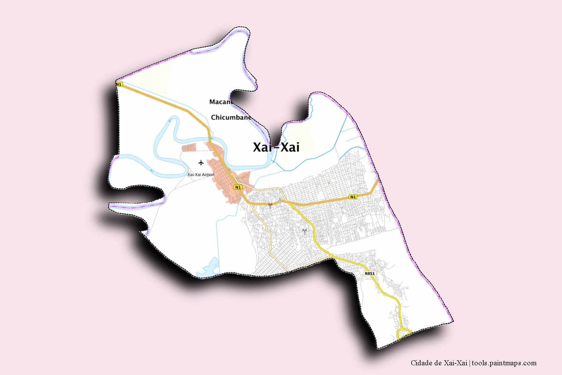 Mapa de barrios y pueblos de Cidade de Xai-Xai con efecto de sombra 3D