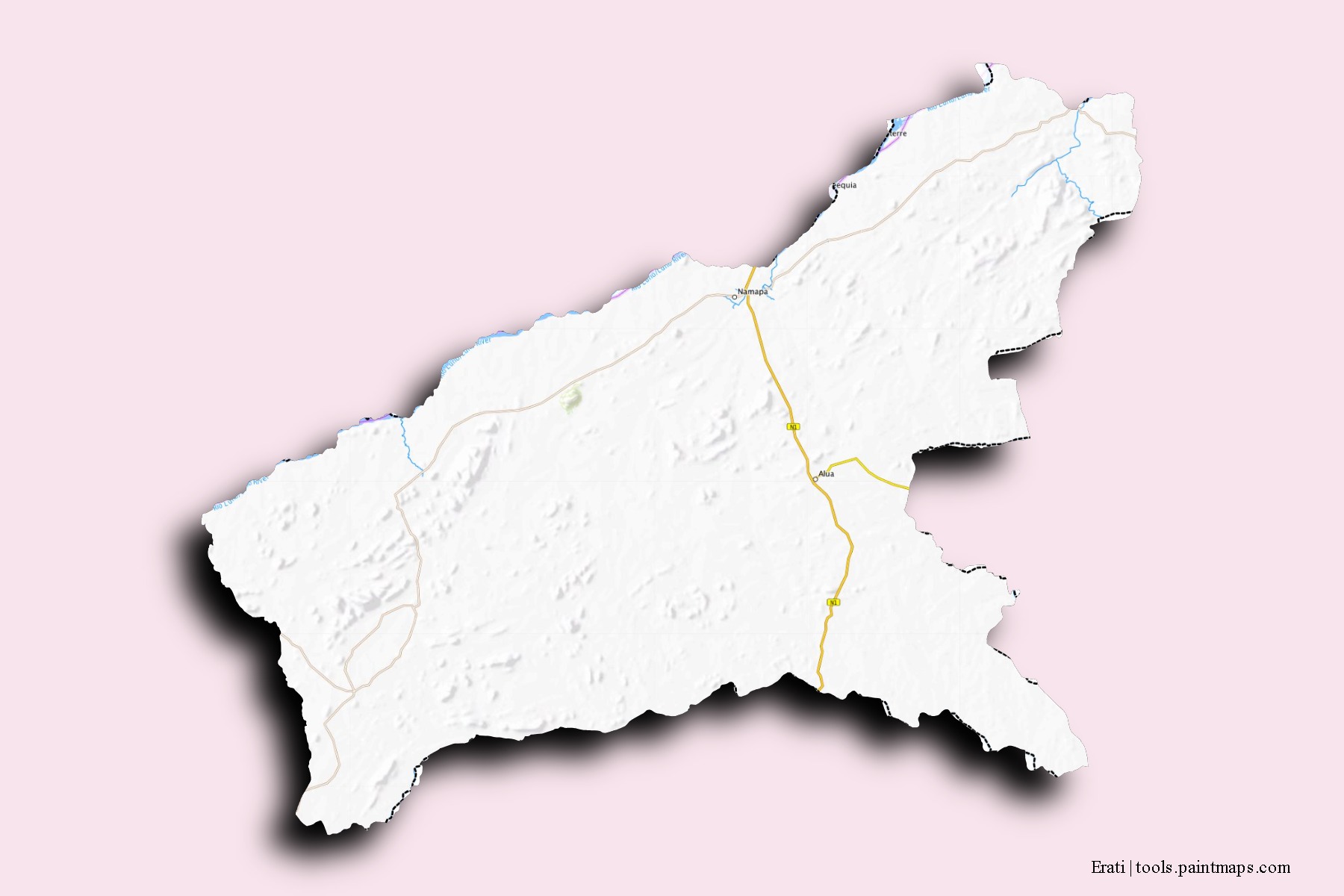 Mapa de barrios y pueblos de Erati con efecto de sombra 3D