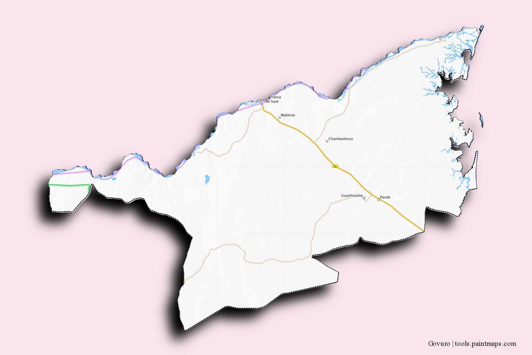 Mapa de barrios y pueblos de Govuro con efecto de sombra 3D