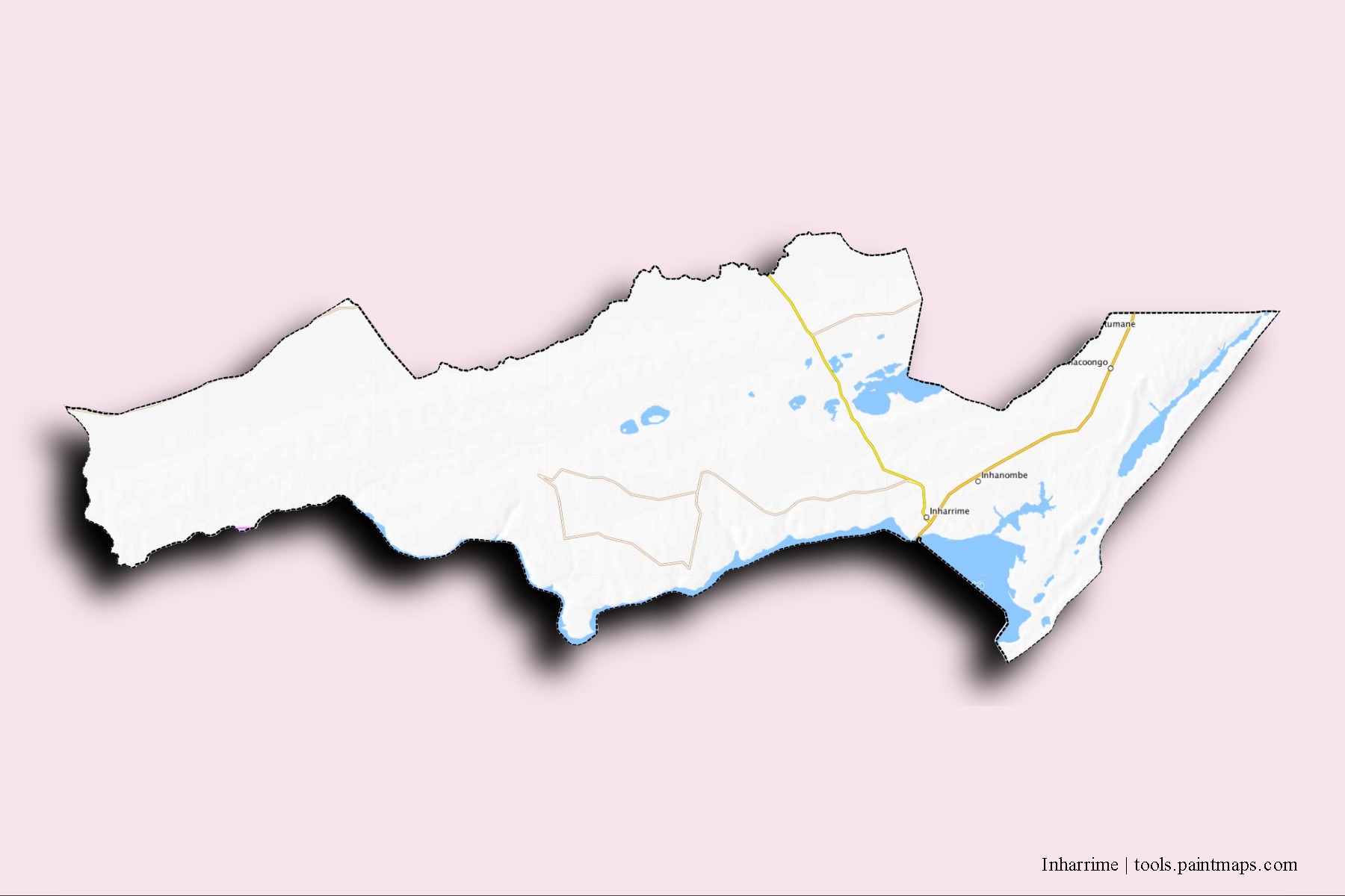 Mapa de barrios y pueblos de Inharrime con efecto de sombra 3D