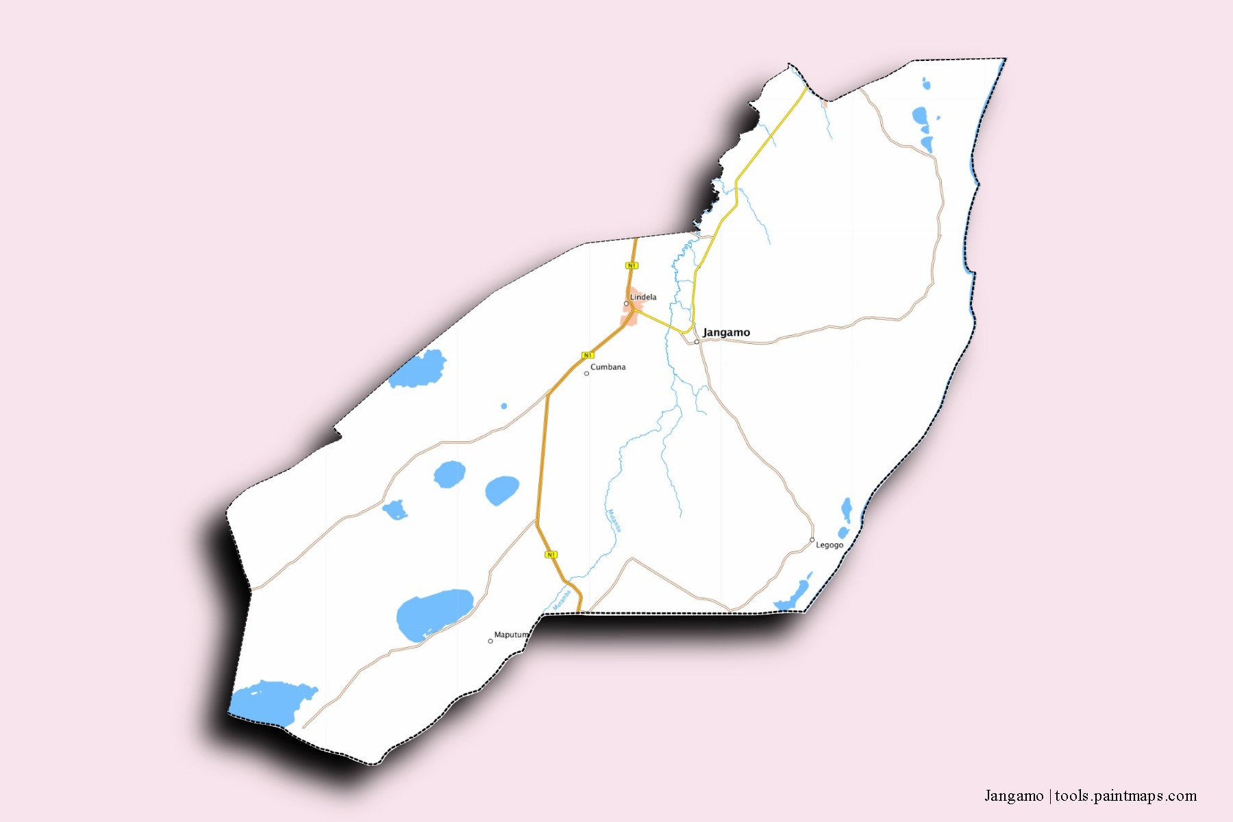 Mapa de barrios y pueblos de Jangamo con efecto de sombra 3D