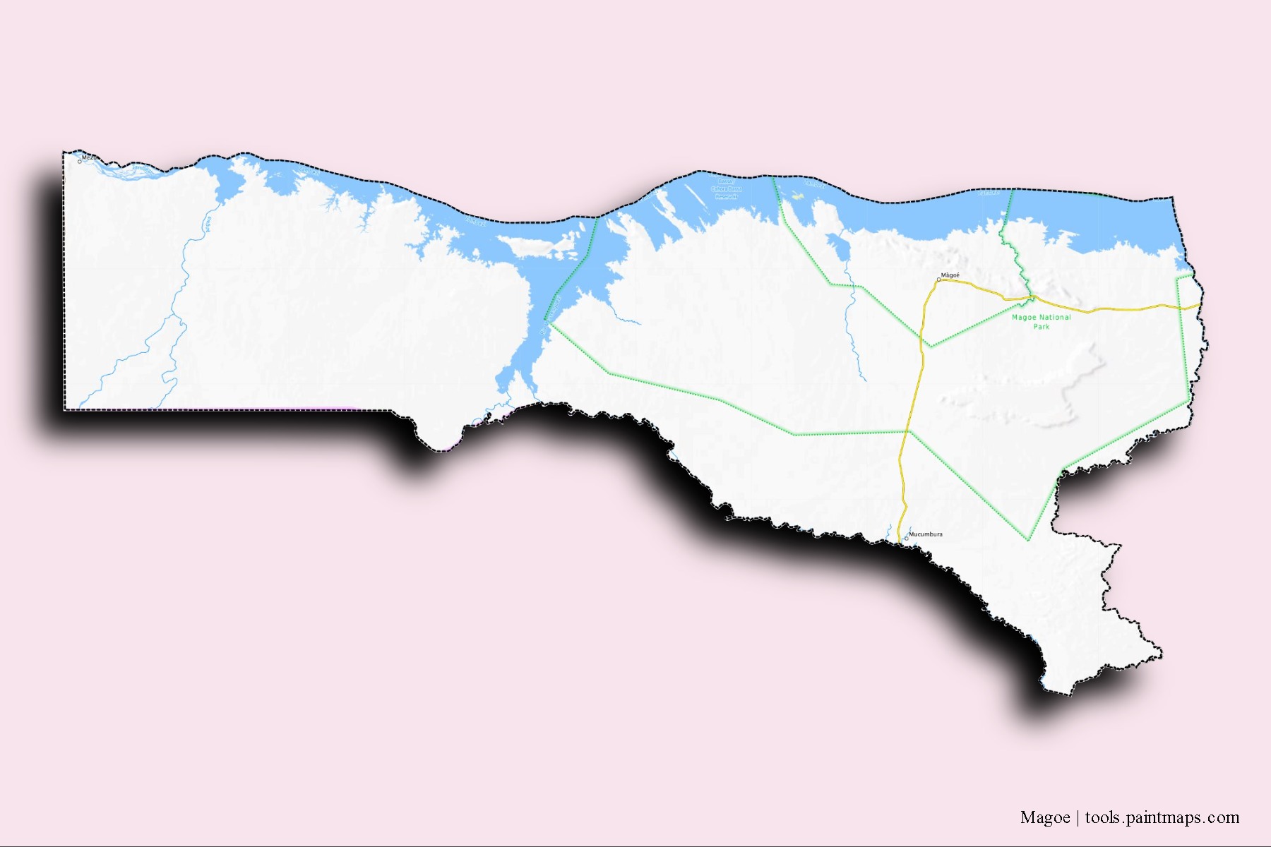 Magoe neighborhoods and villages map with 3D shadow effect