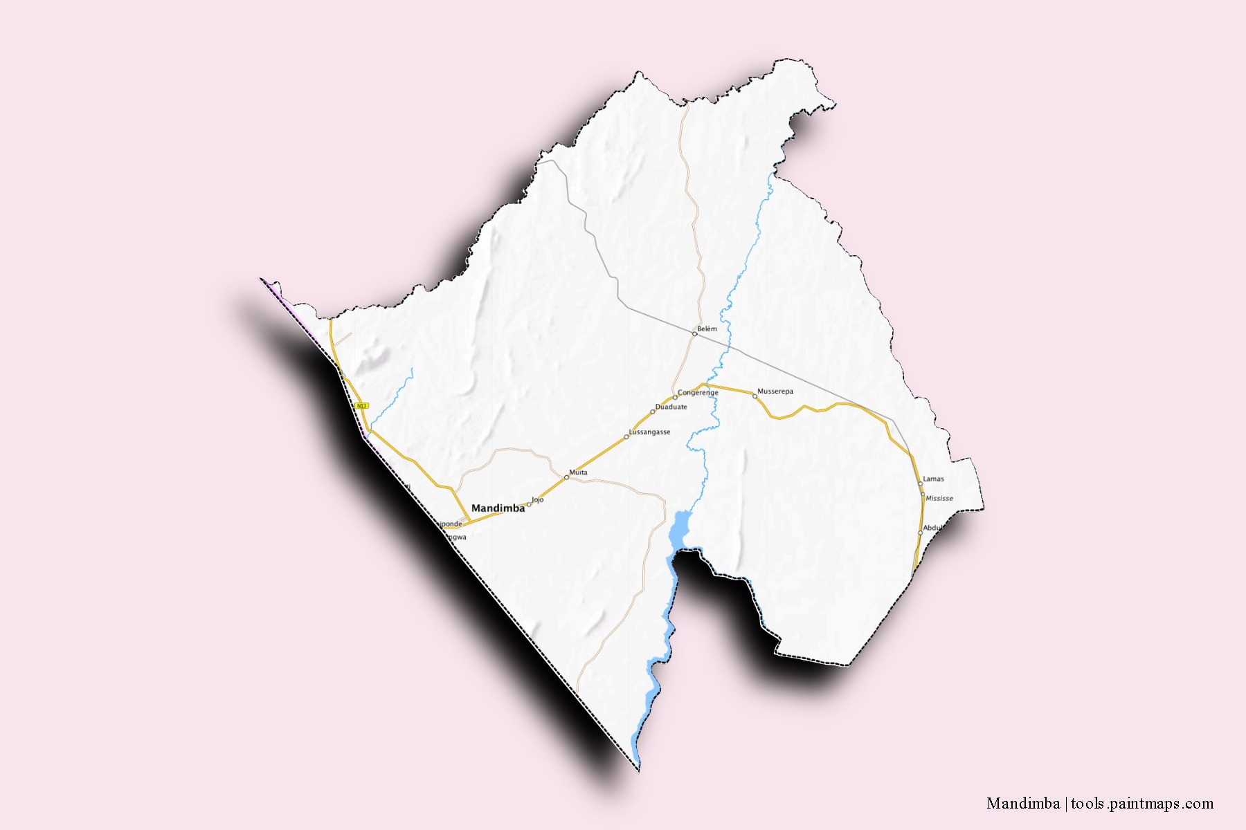 Mapa de barrios y pueblos de Mandimba con efecto de sombra 3D