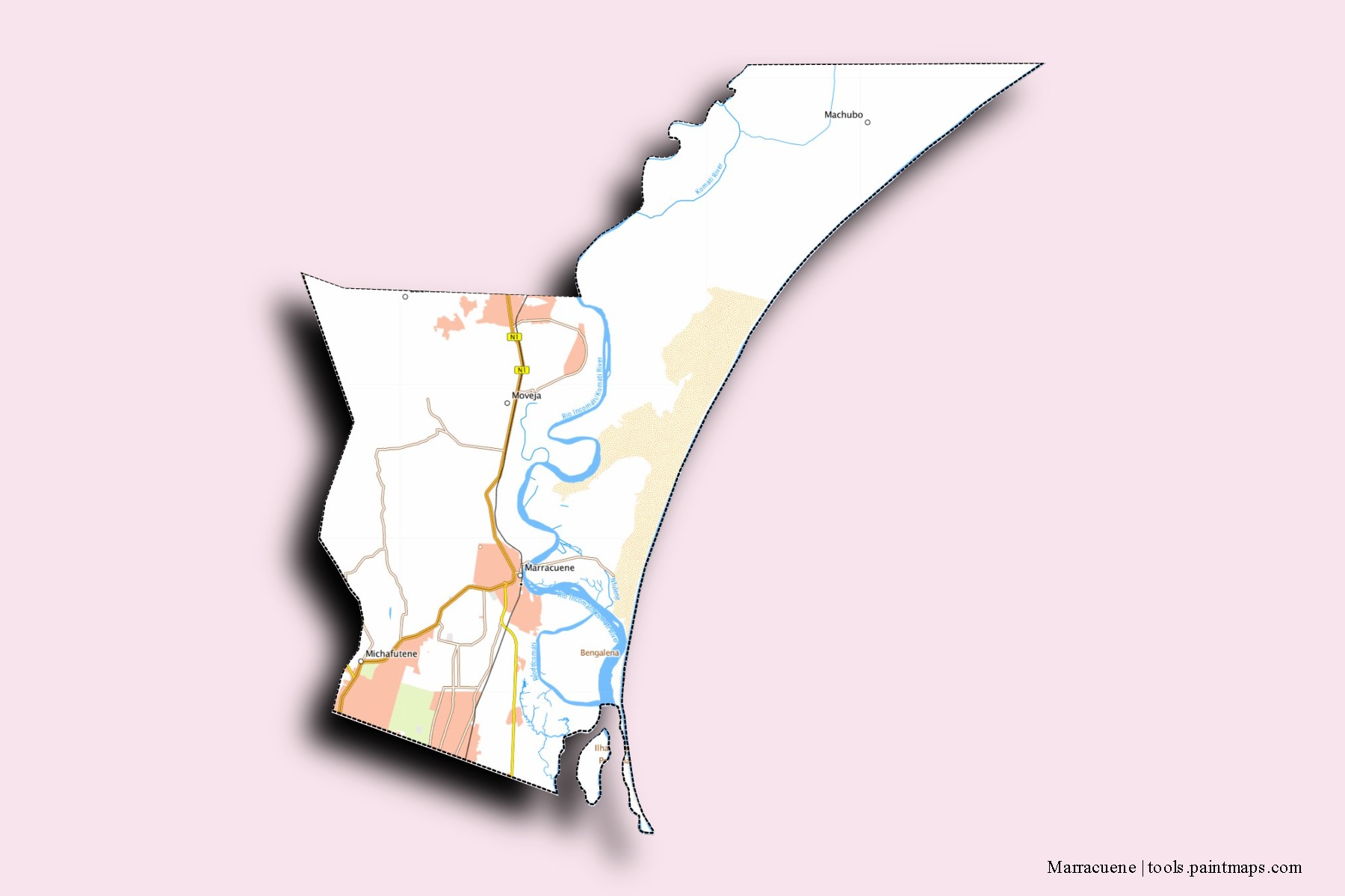 Marracuene neighborhoods and villages map with 3D shadow effect