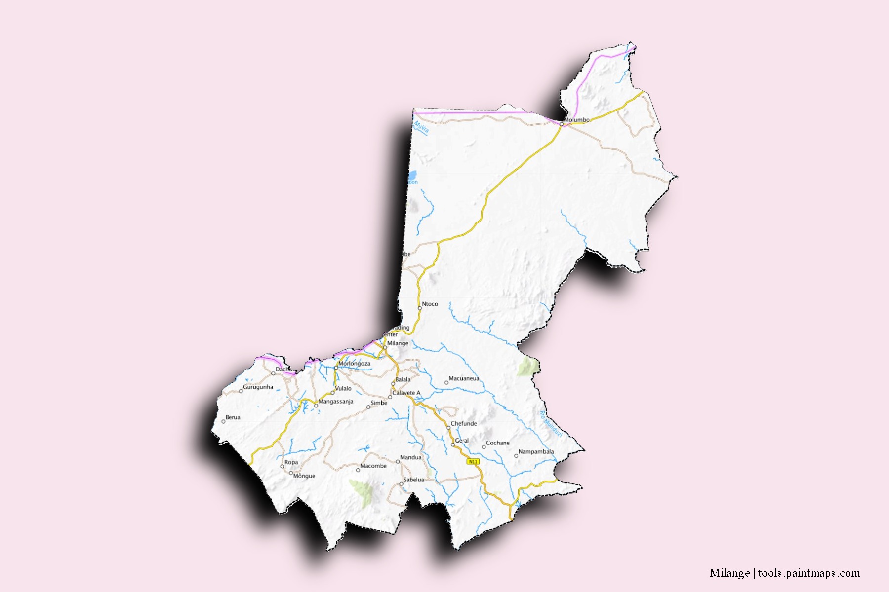 Mapa de barrios y pueblos de Milange con efecto de sombra 3D