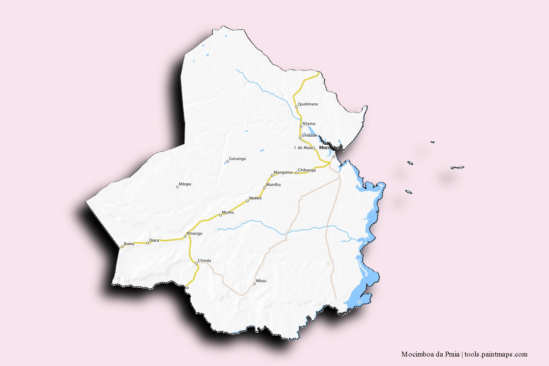 Mapa de barrios y pueblos de Mocimboa da Praia con efecto de sombra 3D