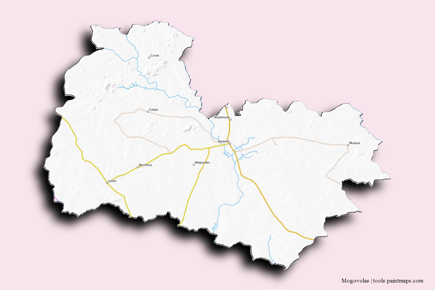 Mapa de barrios y pueblos de Mogovolas con efecto de sombra 3D