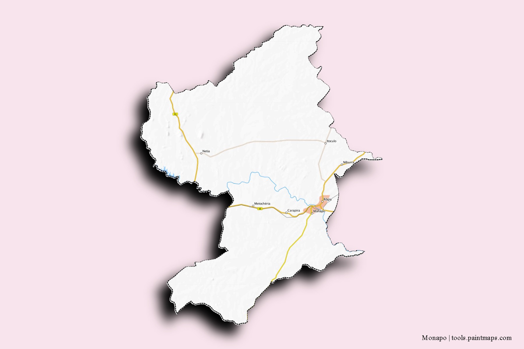 Mapa de barrios y pueblos de Monapo con efecto de sombra 3D