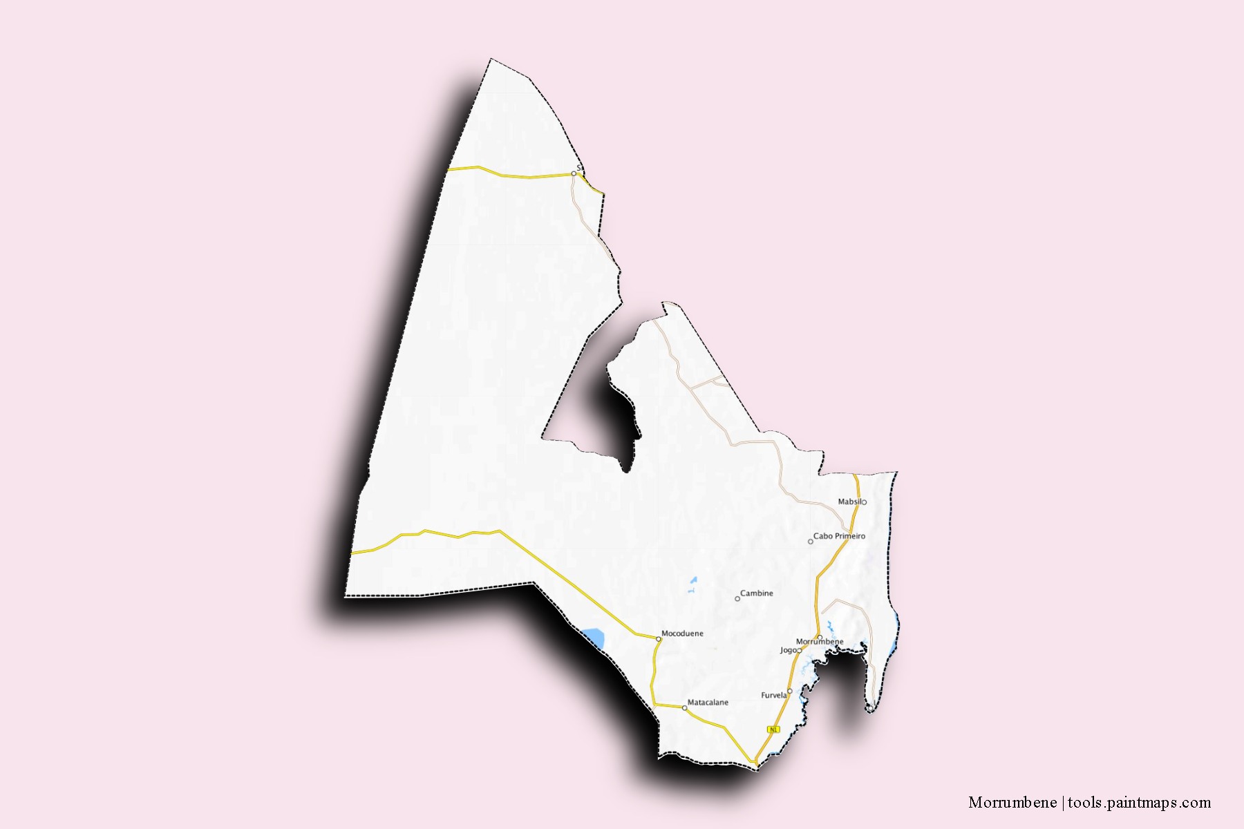 Mapa de barrios y pueblos de Morrumbene con efecto de sombra 3D