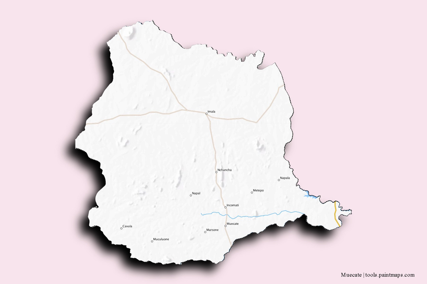 Mapa de barrios y pueblos de Muecate con efecto de sombra 3D