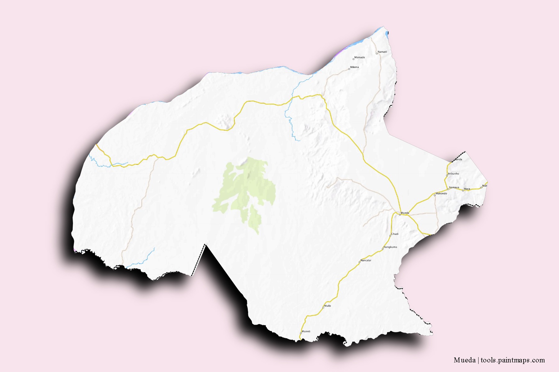 Mapa de barrios y pueblos de Mueda con efecto de sombra 3D