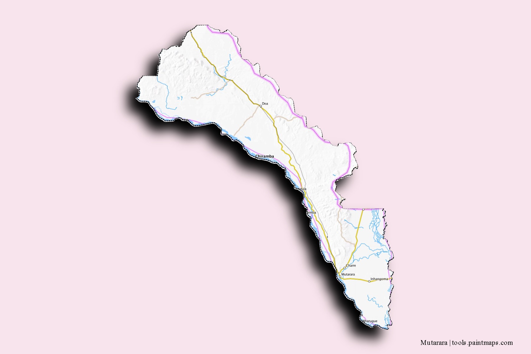 Mapa de barrios y pueblos de Mutarara con efecto de sombra 3D