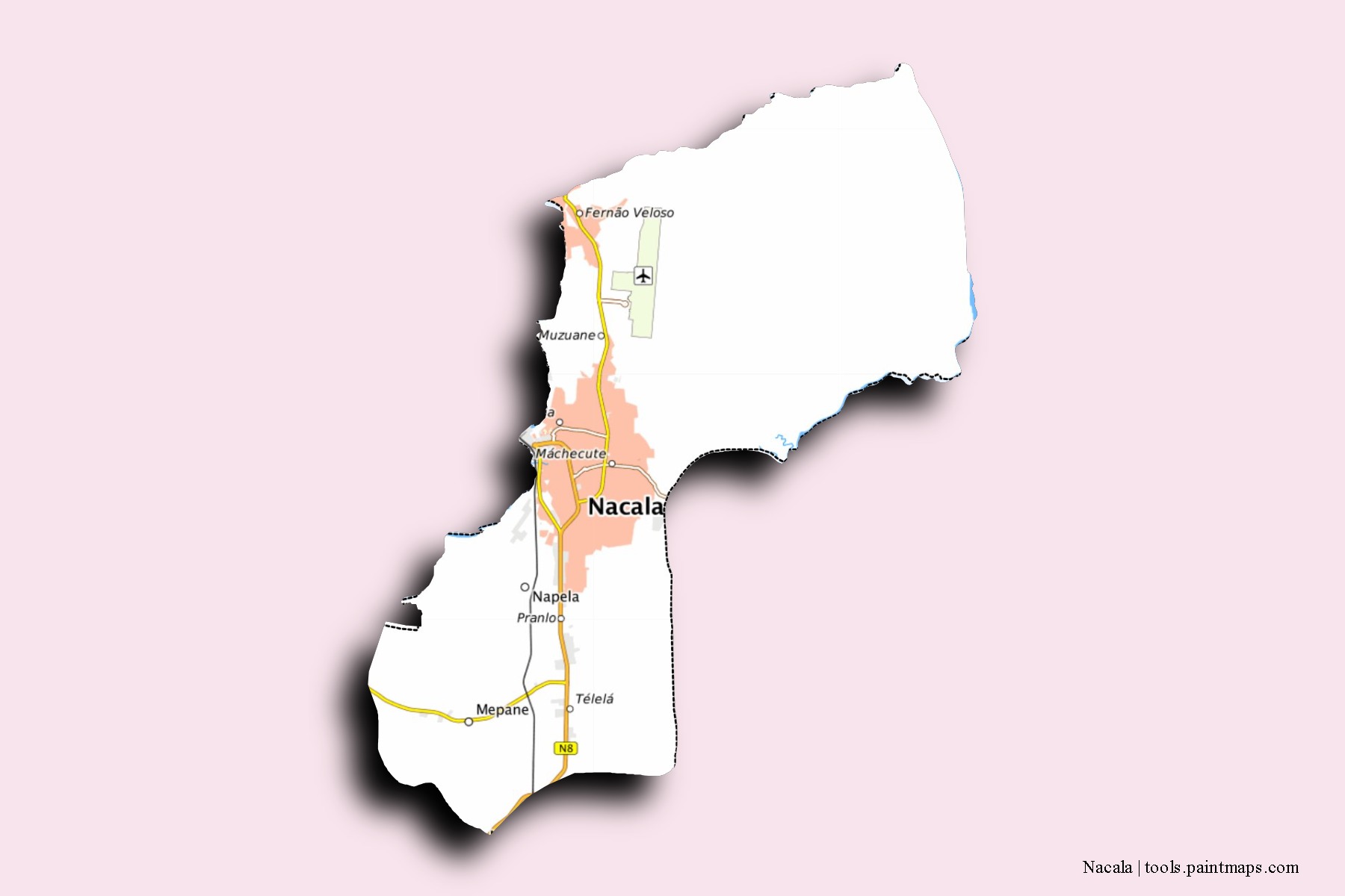 Nacala neighborhoods and villages map with 3D shadow effect