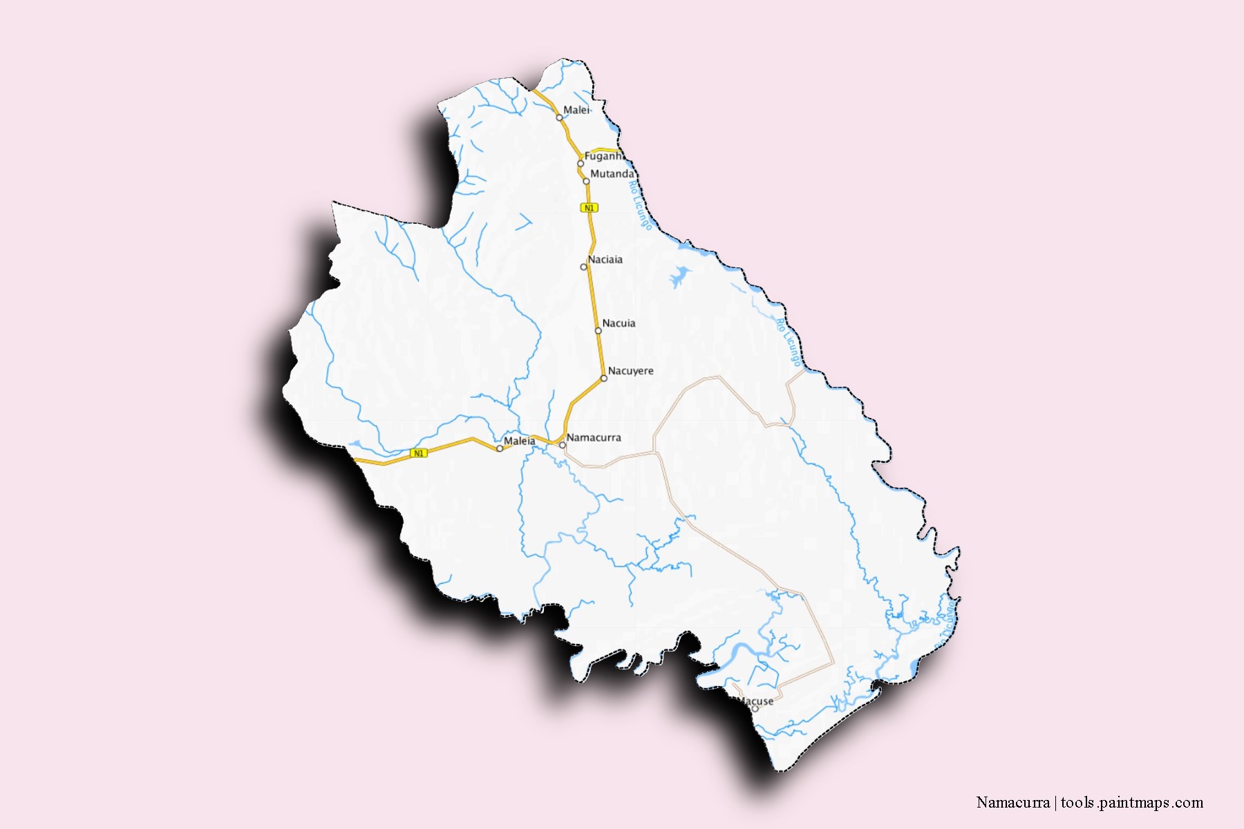 Mapa de barrios y pueblos de Namacurra con efecto de sombra 3D