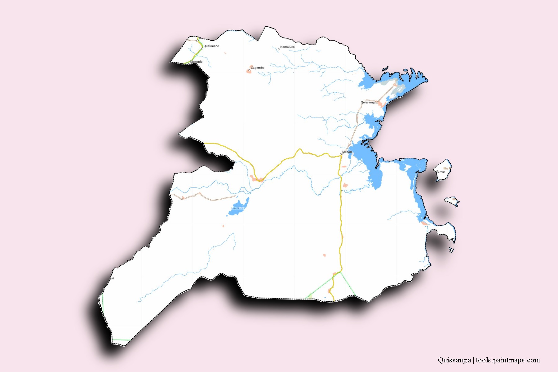 3D gölge efektli Quissanga mahalleleri ve köyleri haritası