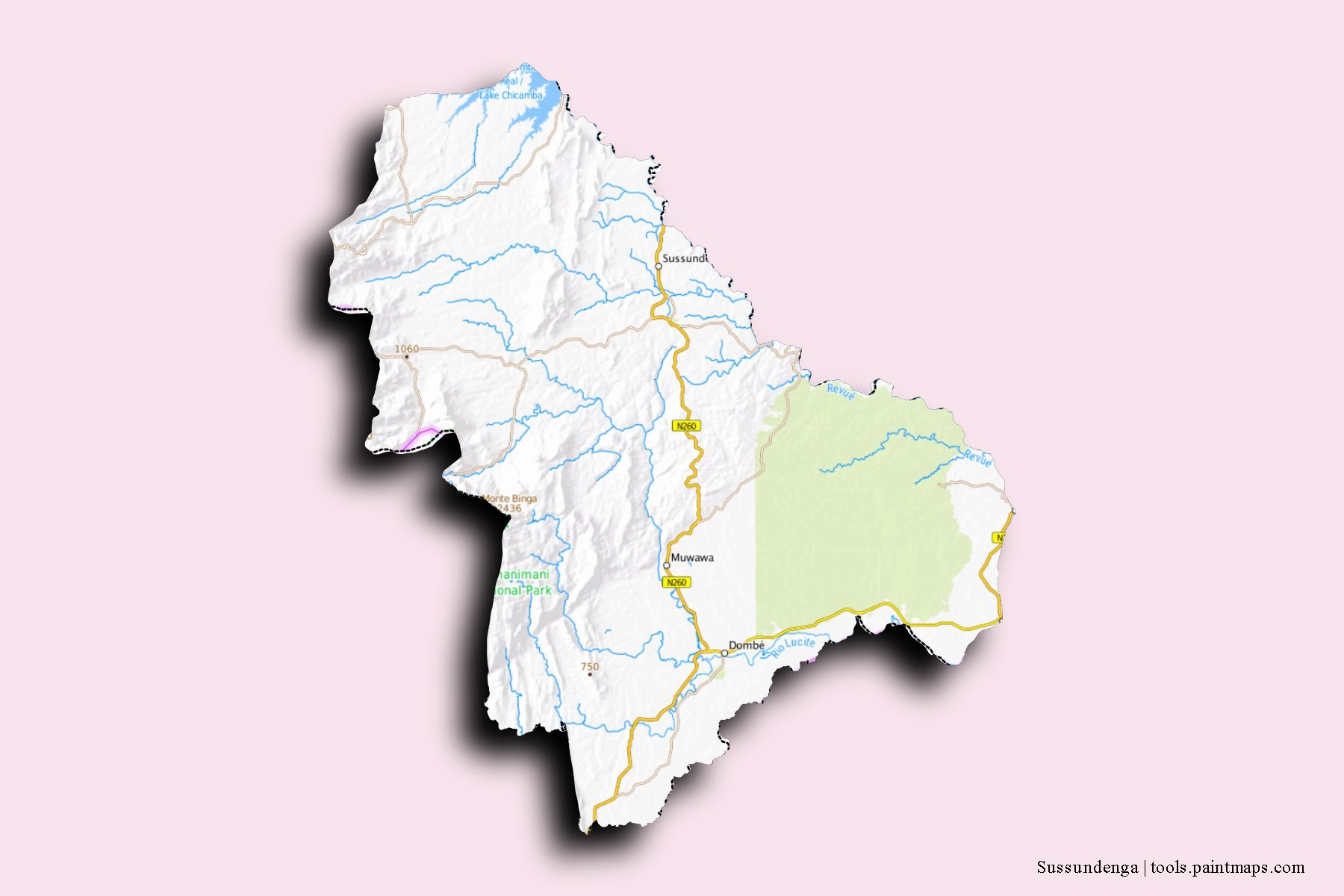 Mapa de barrios y pueblos de Sussundenga con efecto de sombra 3D