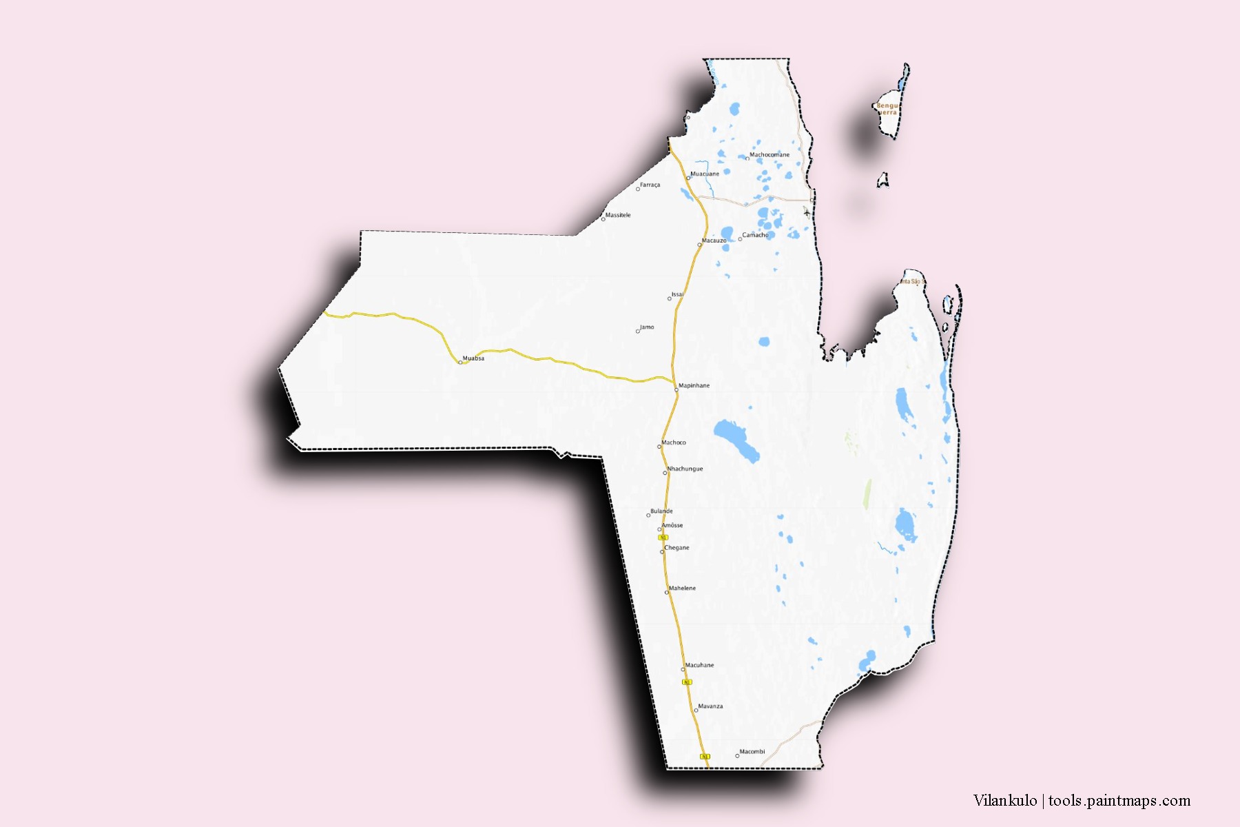 Mapa de barrios y pueblos de Vilankulo con efecto de sombra 3D