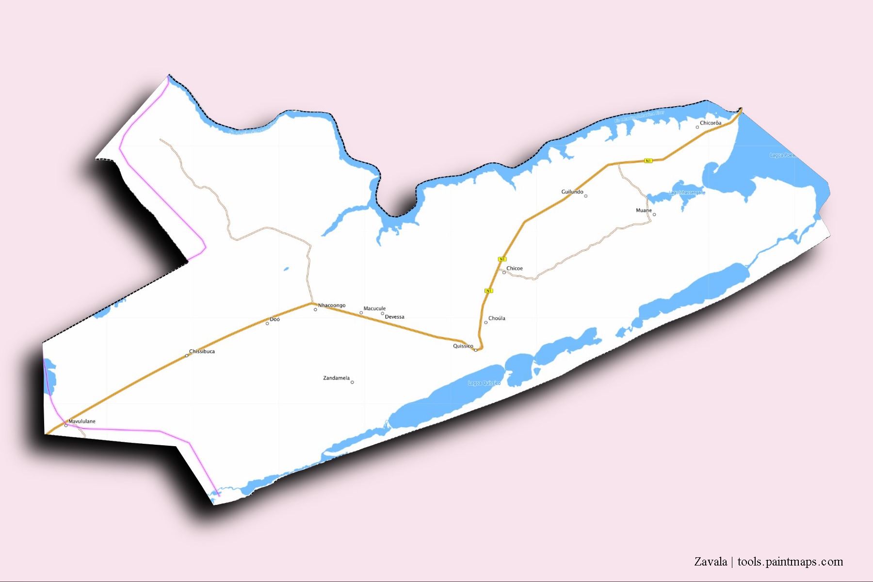 Mapa de barrios y pueblos de Zavala con efecto de sombra 3D