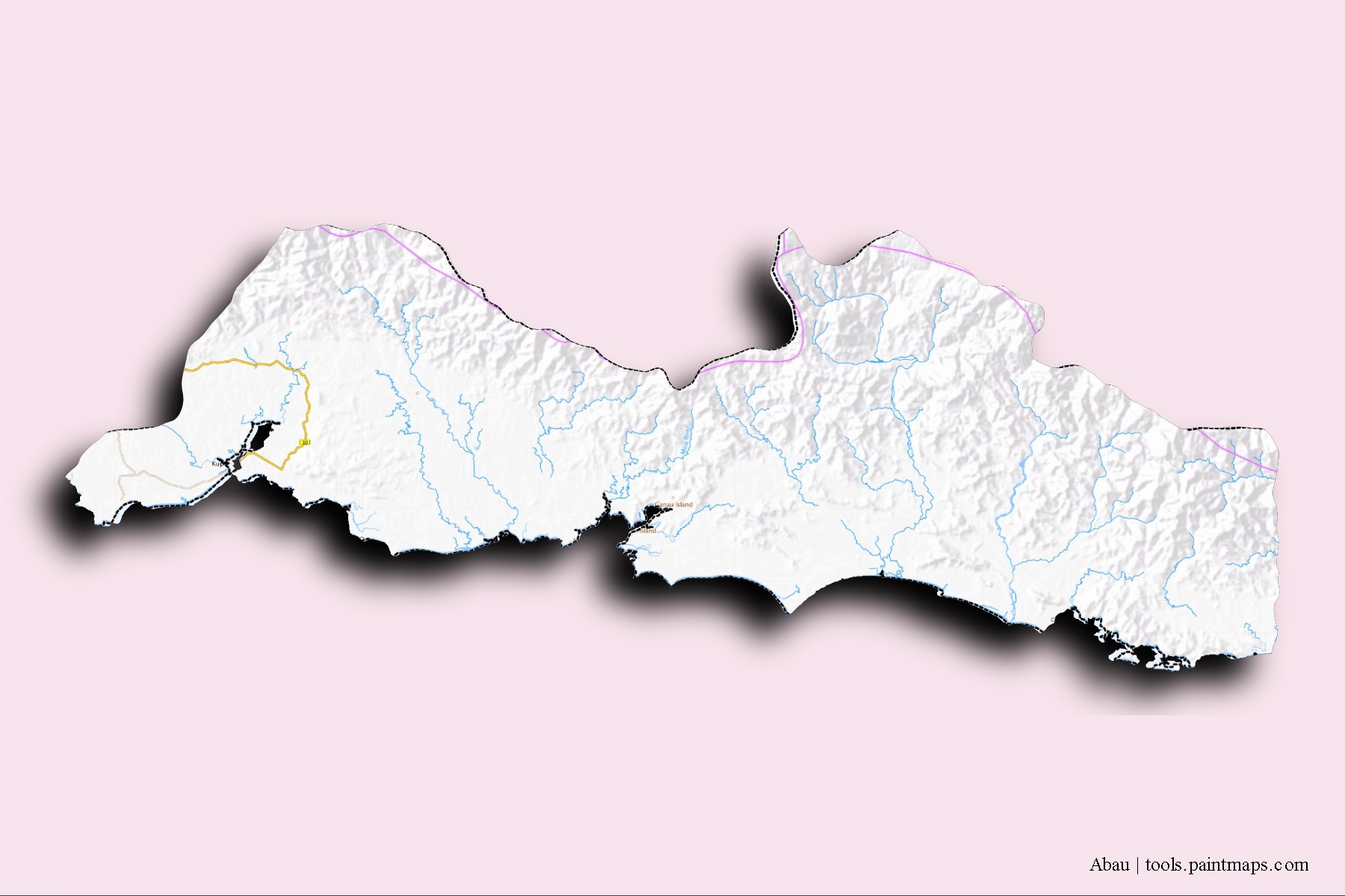 Mapa de barrios y pueblos de Abau con efecto de sombra 3D