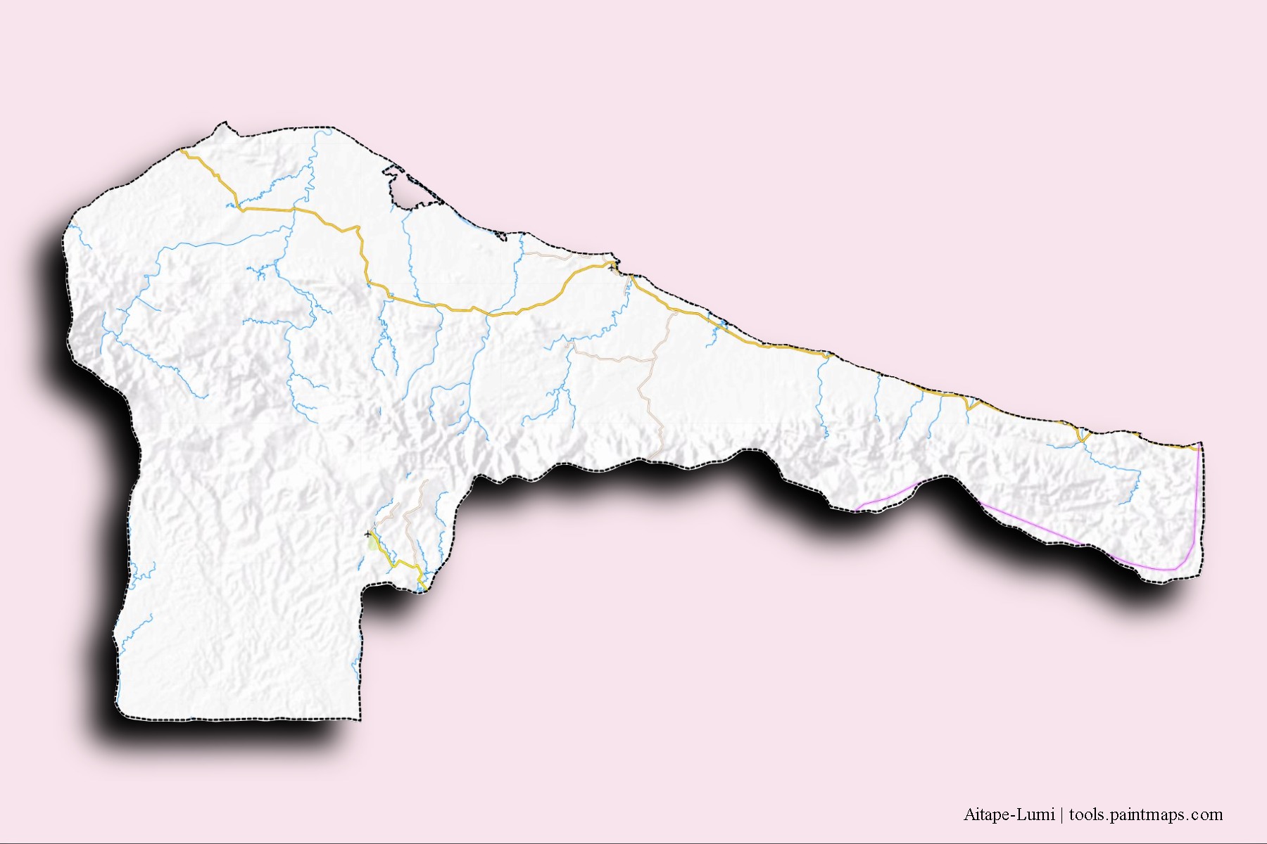 Mapa de barrios y pueblos de Aitape-Lumi con efecto de sombra 3D