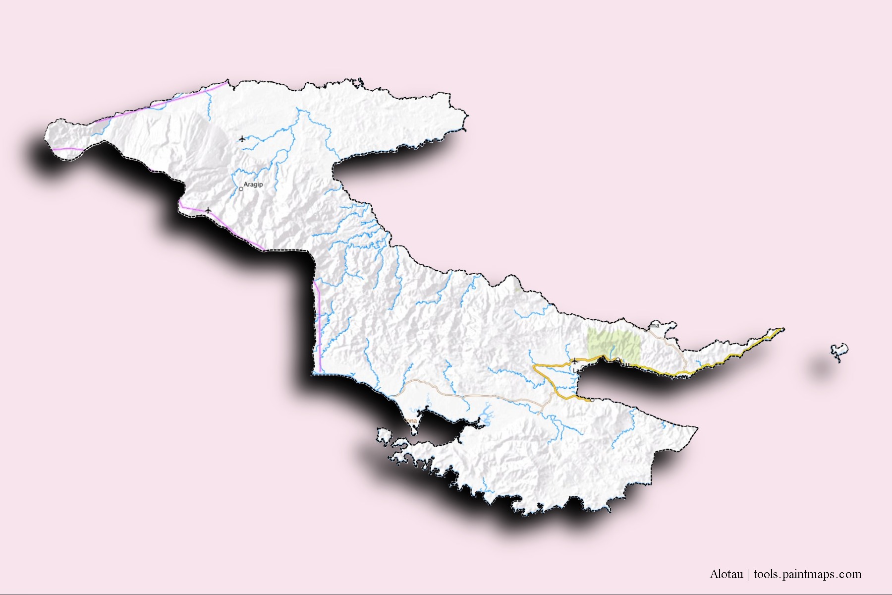 Mapa de barrios y pueblos de Alotau con efecto de sombra 3D