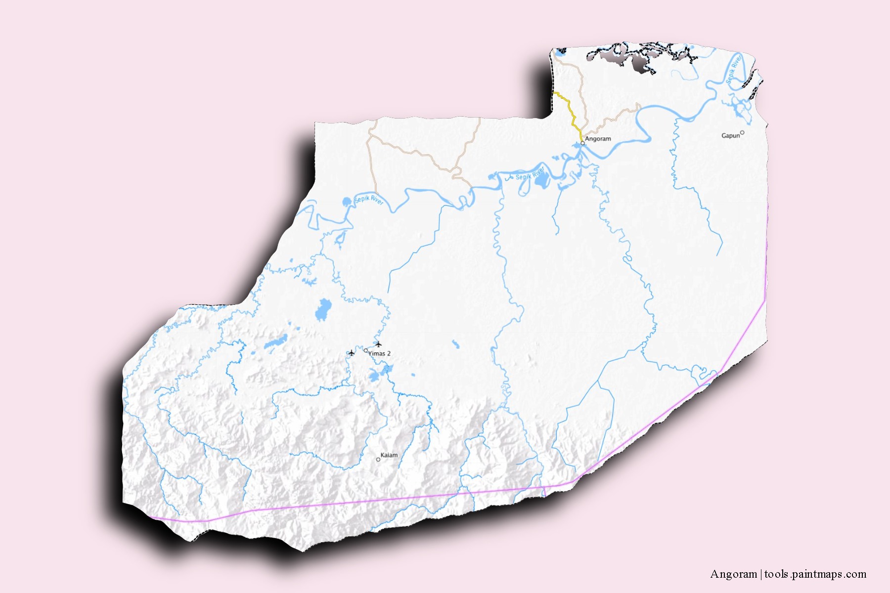 Mapa de barrios y pueblos de Angoram con efecto de sombra 3D