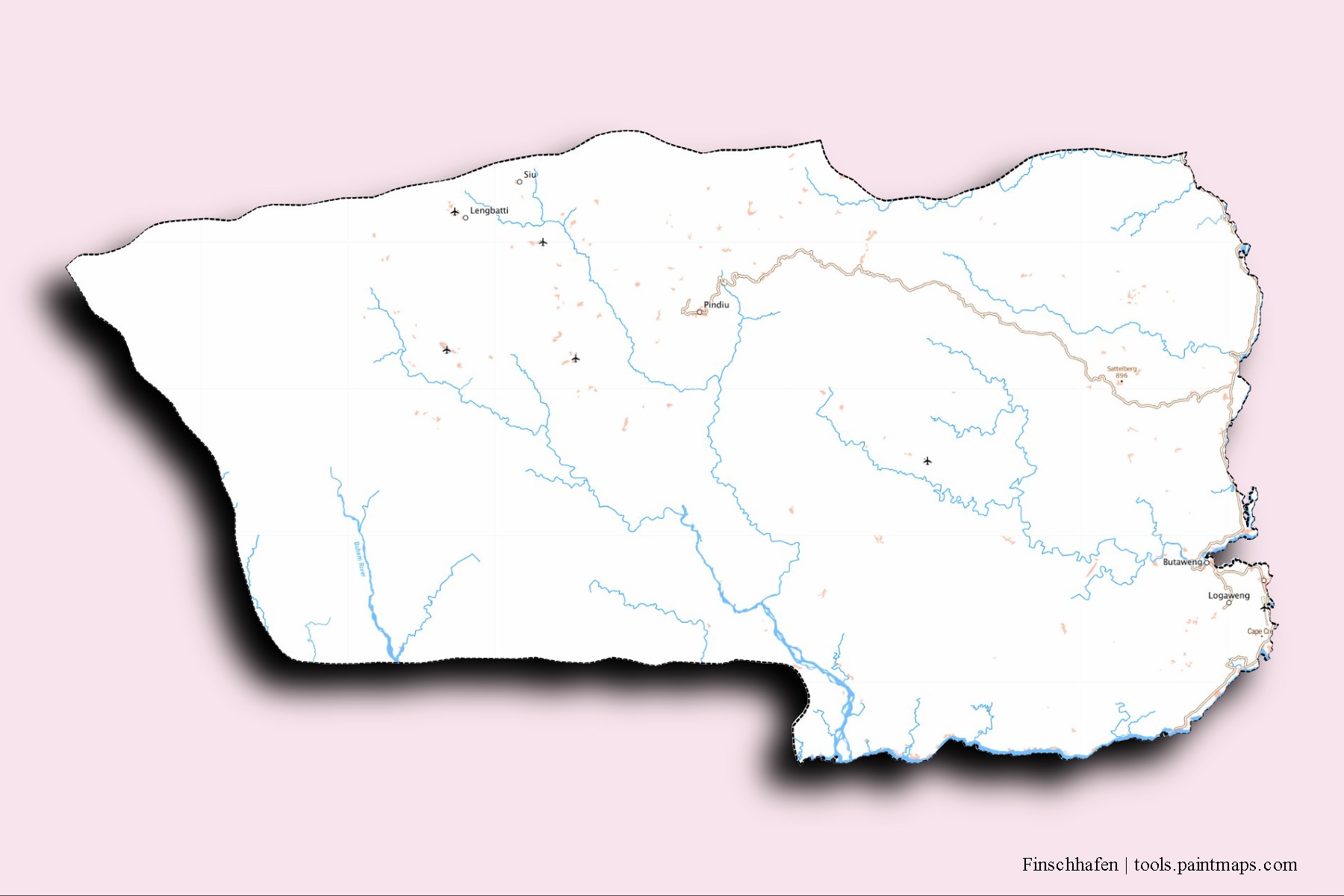 3D gölge efektli Finschhafen mahalleleri ve köyleri haritası