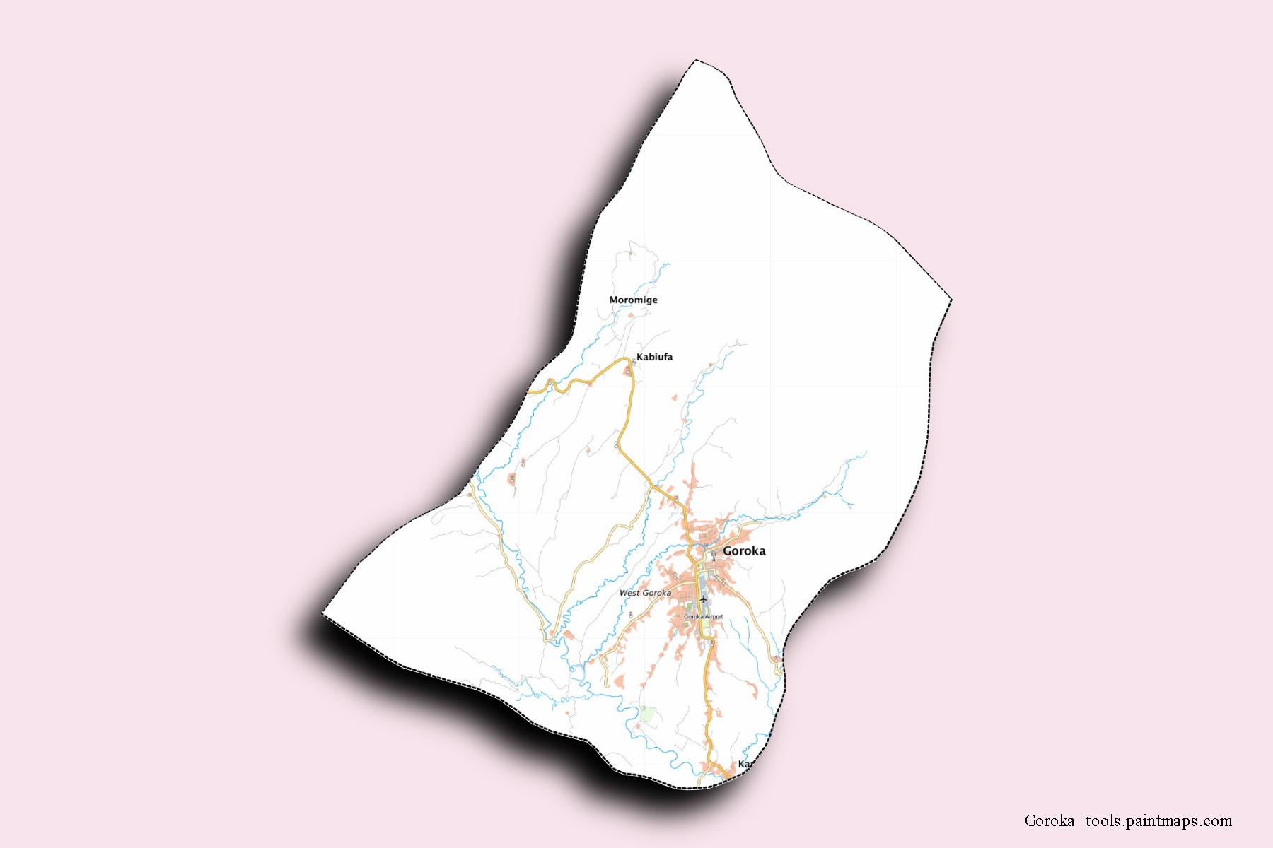 Goroka neighborhoods and villages map with 3D shadow effect