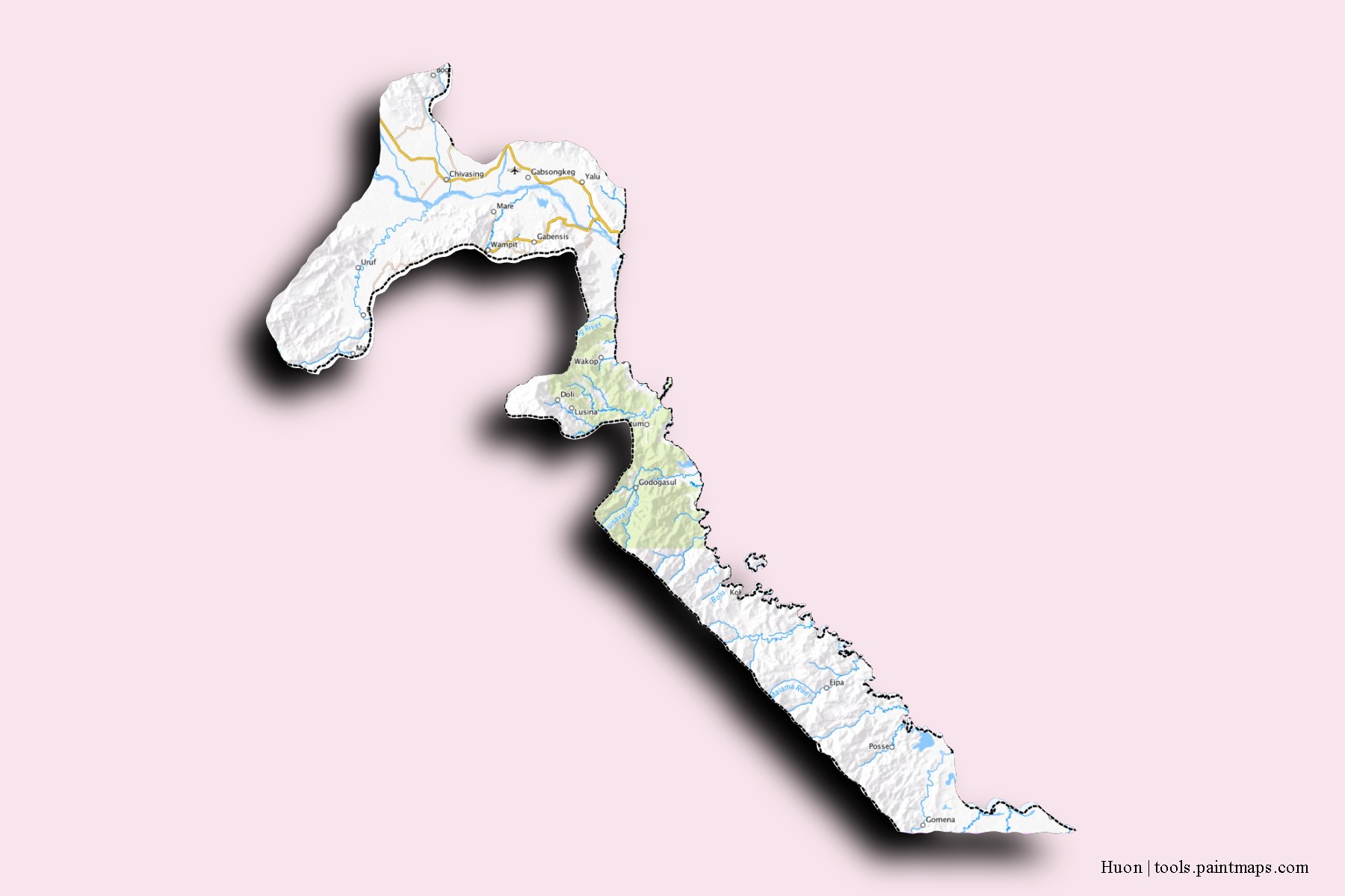 Mapa de barrios y pueblos de Huon con efecto de sombra 3D