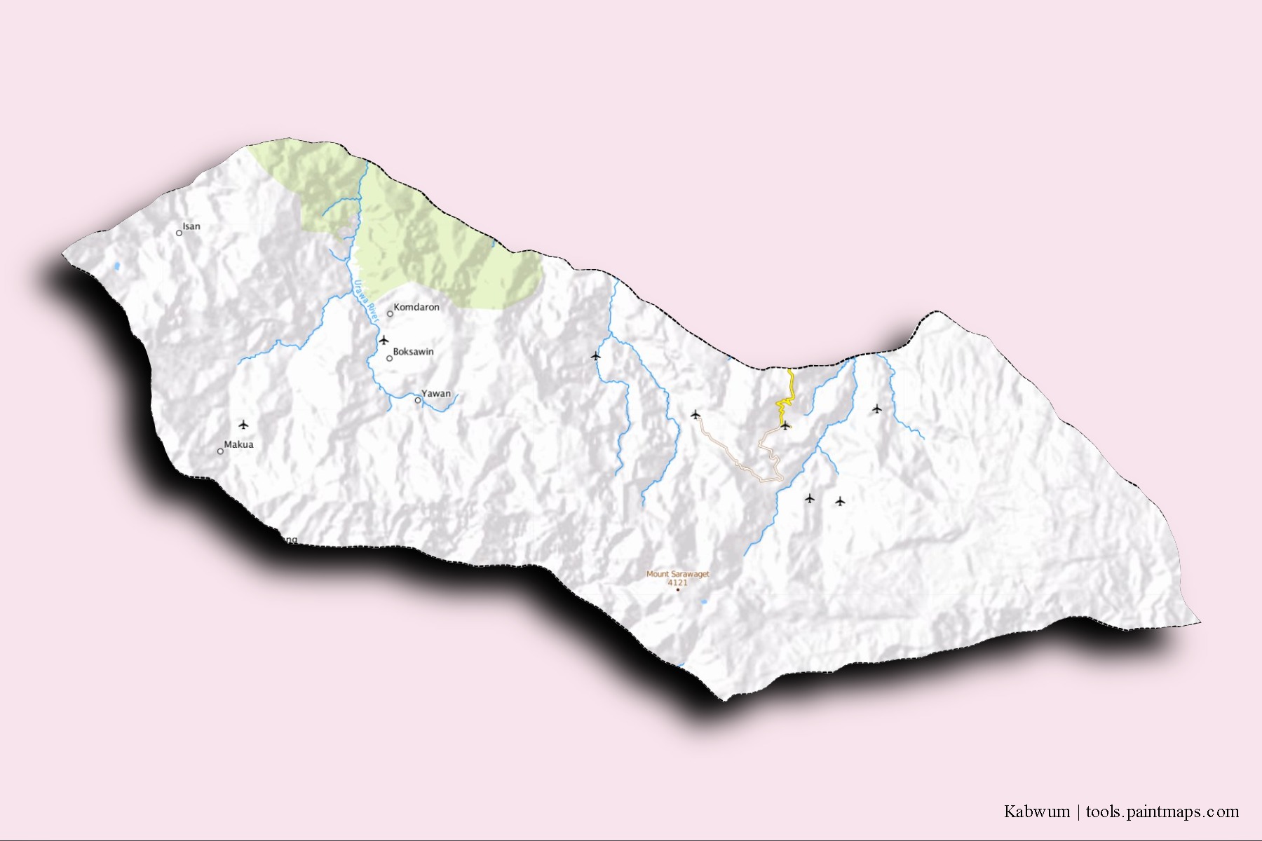 Kabwum neighborhoods and villages map with 3D shadow effect