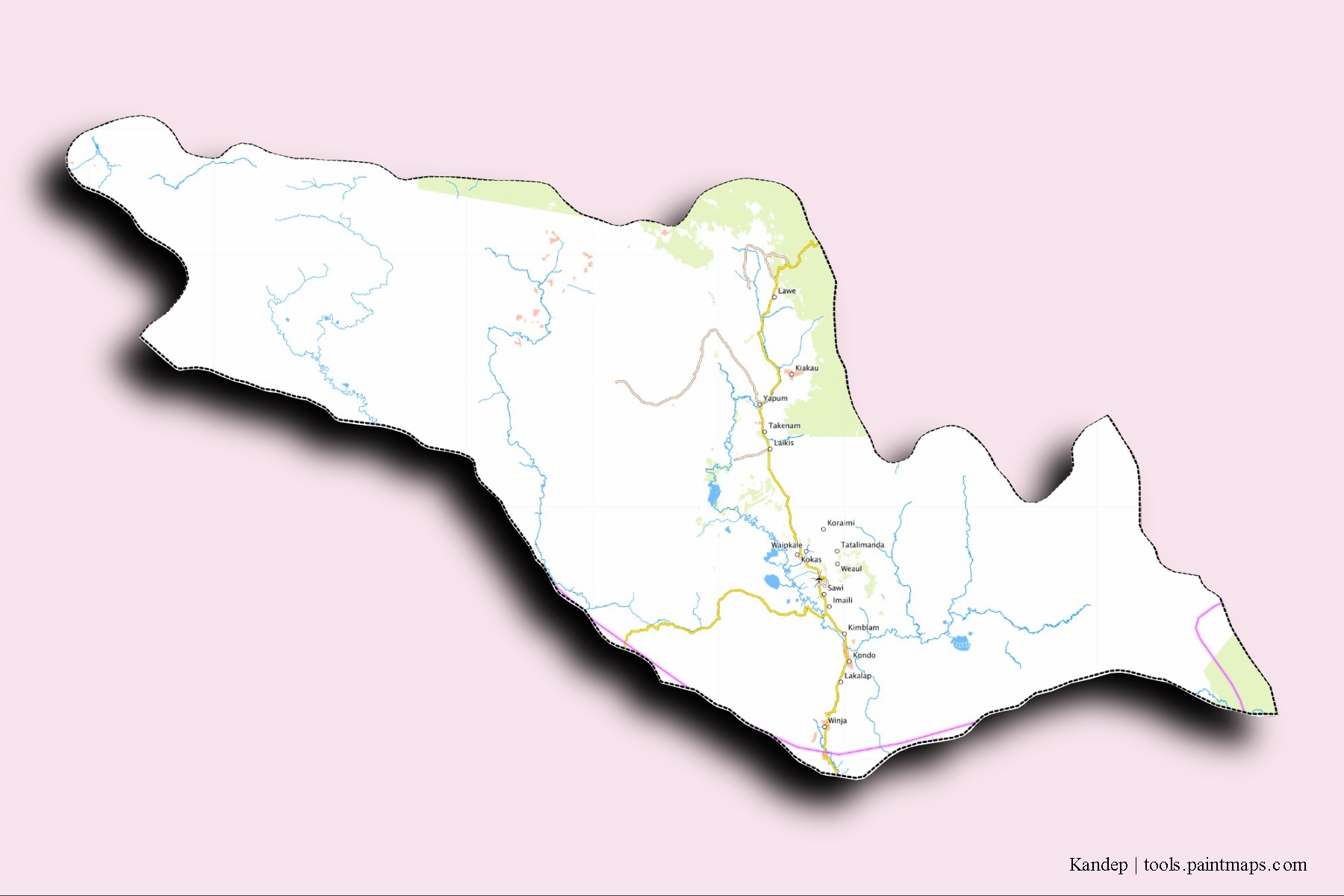 Mapa de barrios y pueblos de Kandep con efecto de sombra 3D