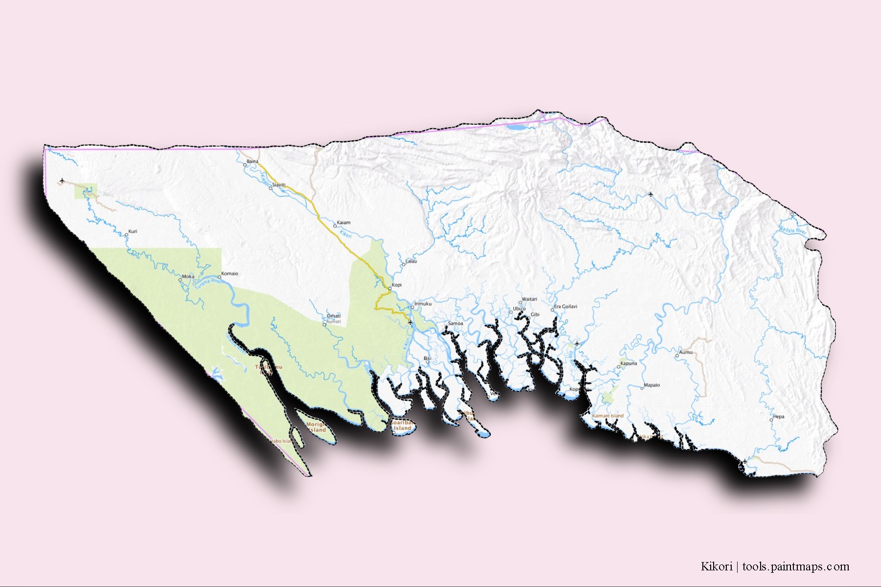 Kikori neighborhoods and villages map with 3D shadow effect