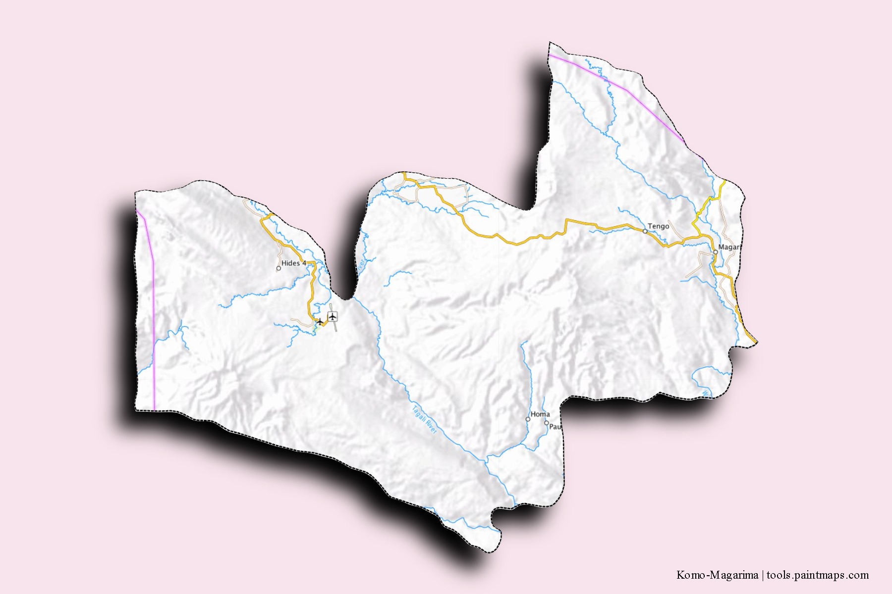 Komo-Magarima neighborhoods and villages map with 3D shadow effect