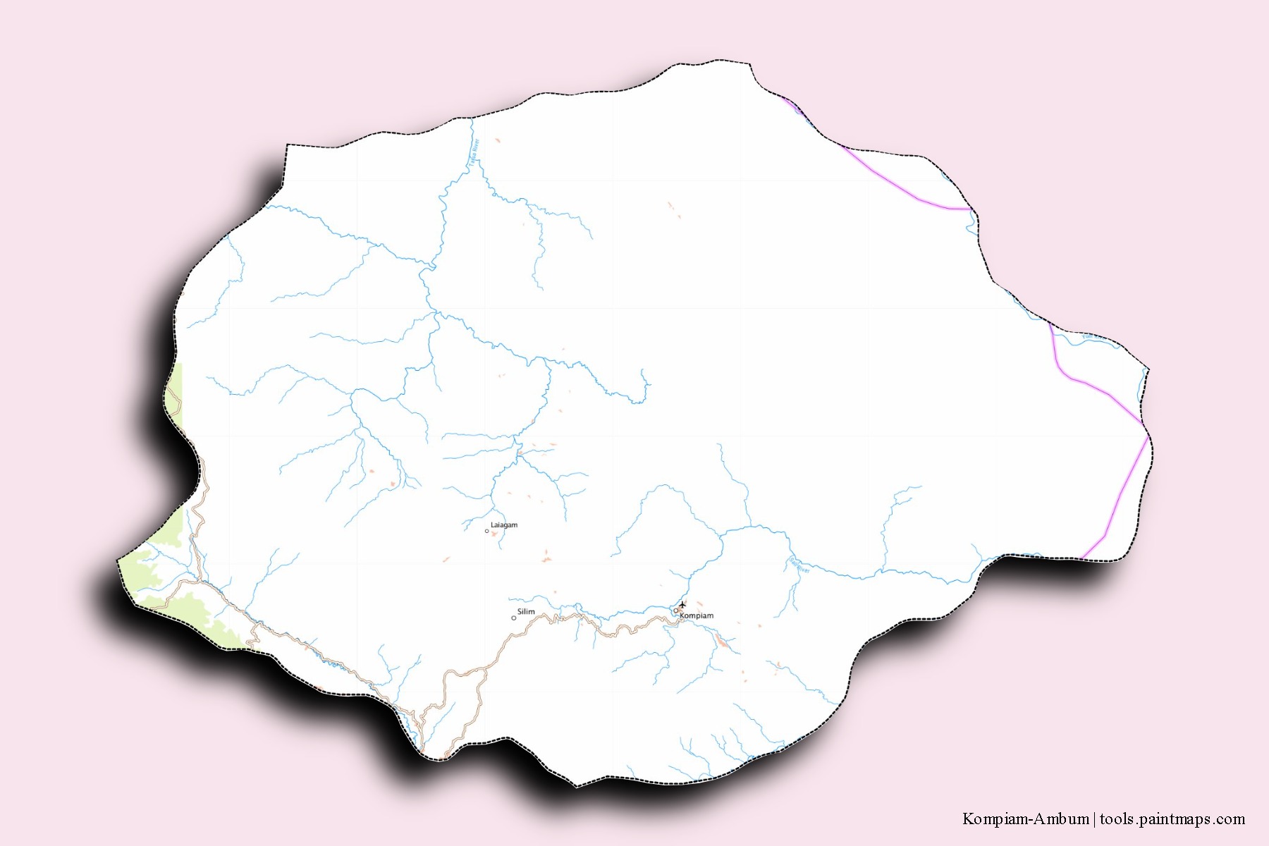 Mapa de barrios y pueblos de Kompiam-Ambum con efecto de sombra 3D