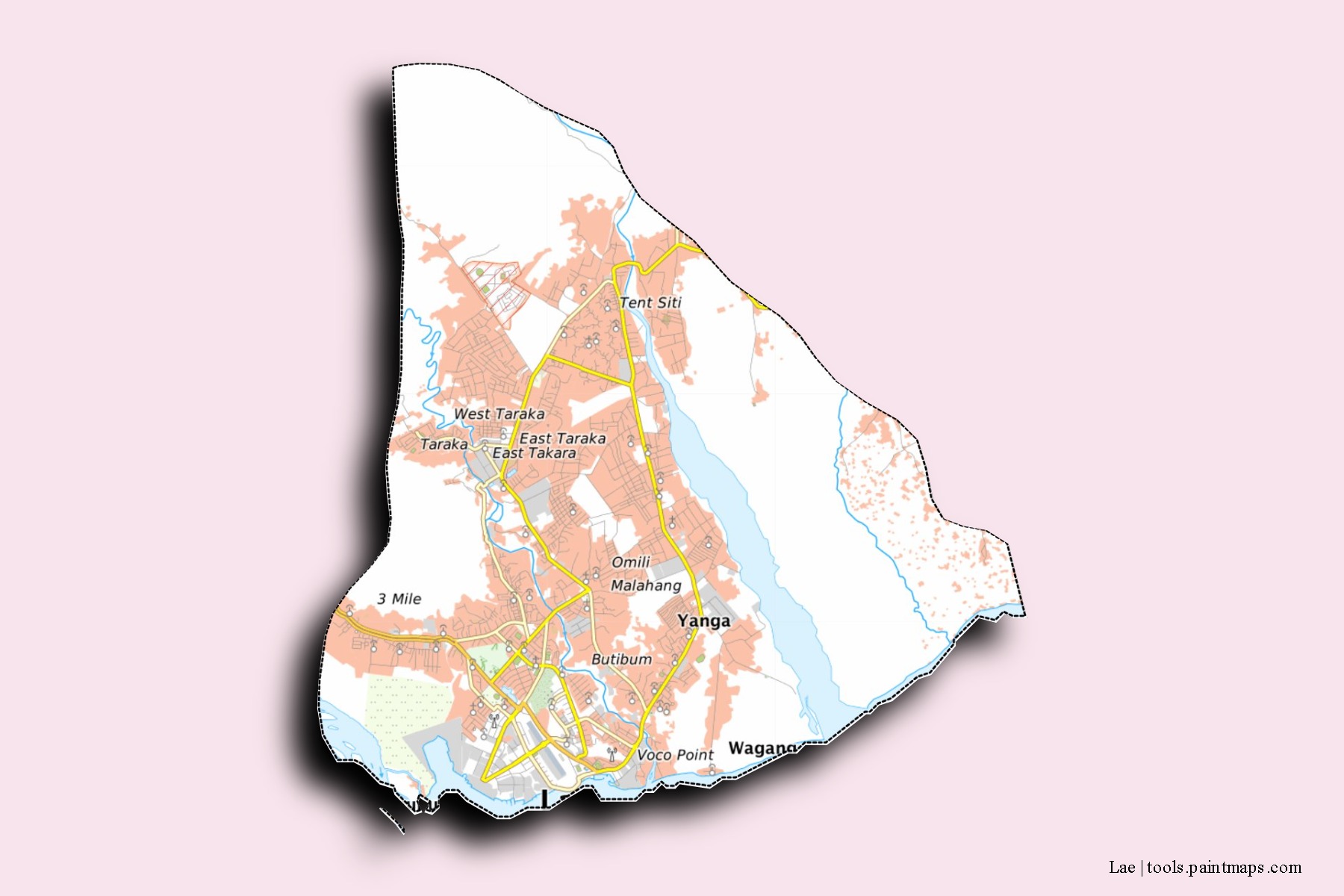 Lae neighborhoods and villages map with 3D shadow effect