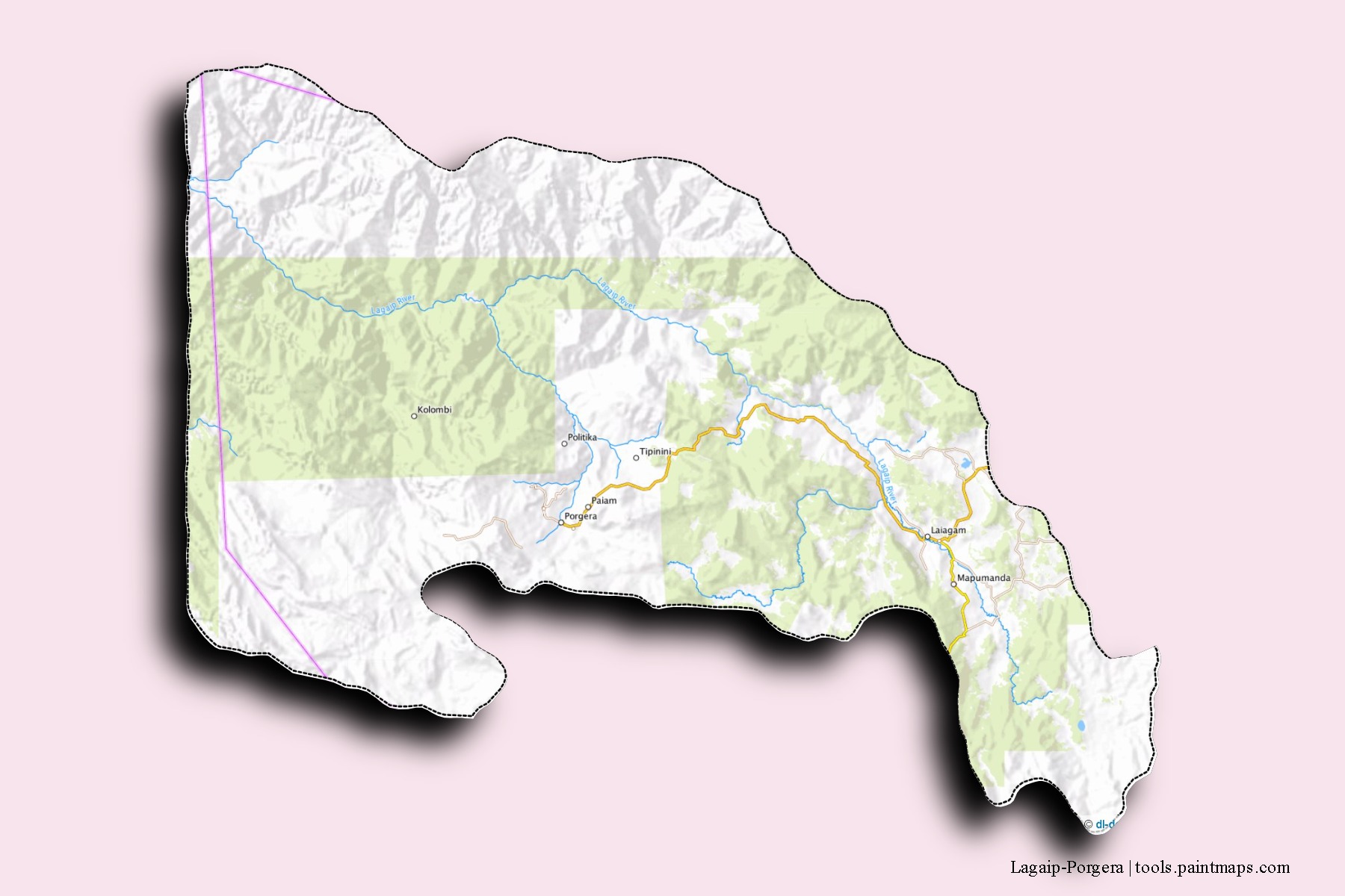 Mapa de barrios y pueblos de Lagaip-Porgera con efecto de sombra 3D