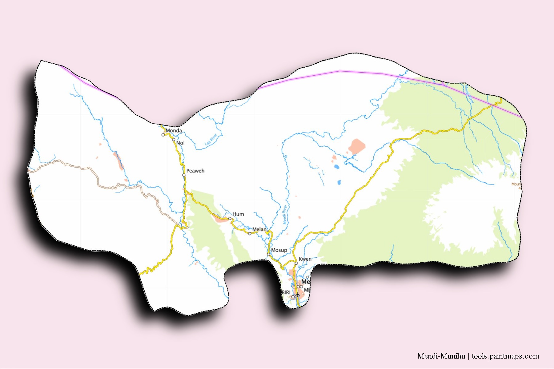 Mendi-Munihu neighborhoods and villages map with 3D shadow effect