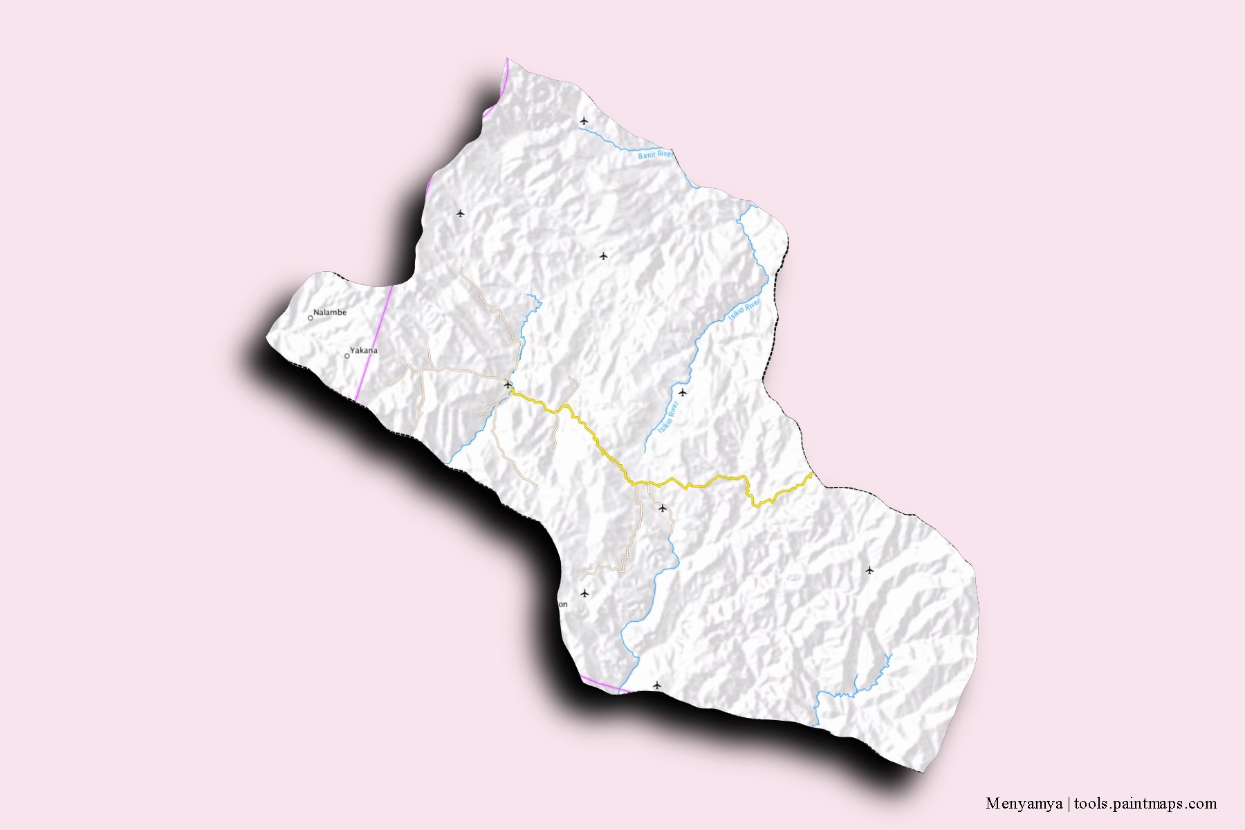 Mapa de barrios y pueblos de Menyamya con efecto de sombra 3D