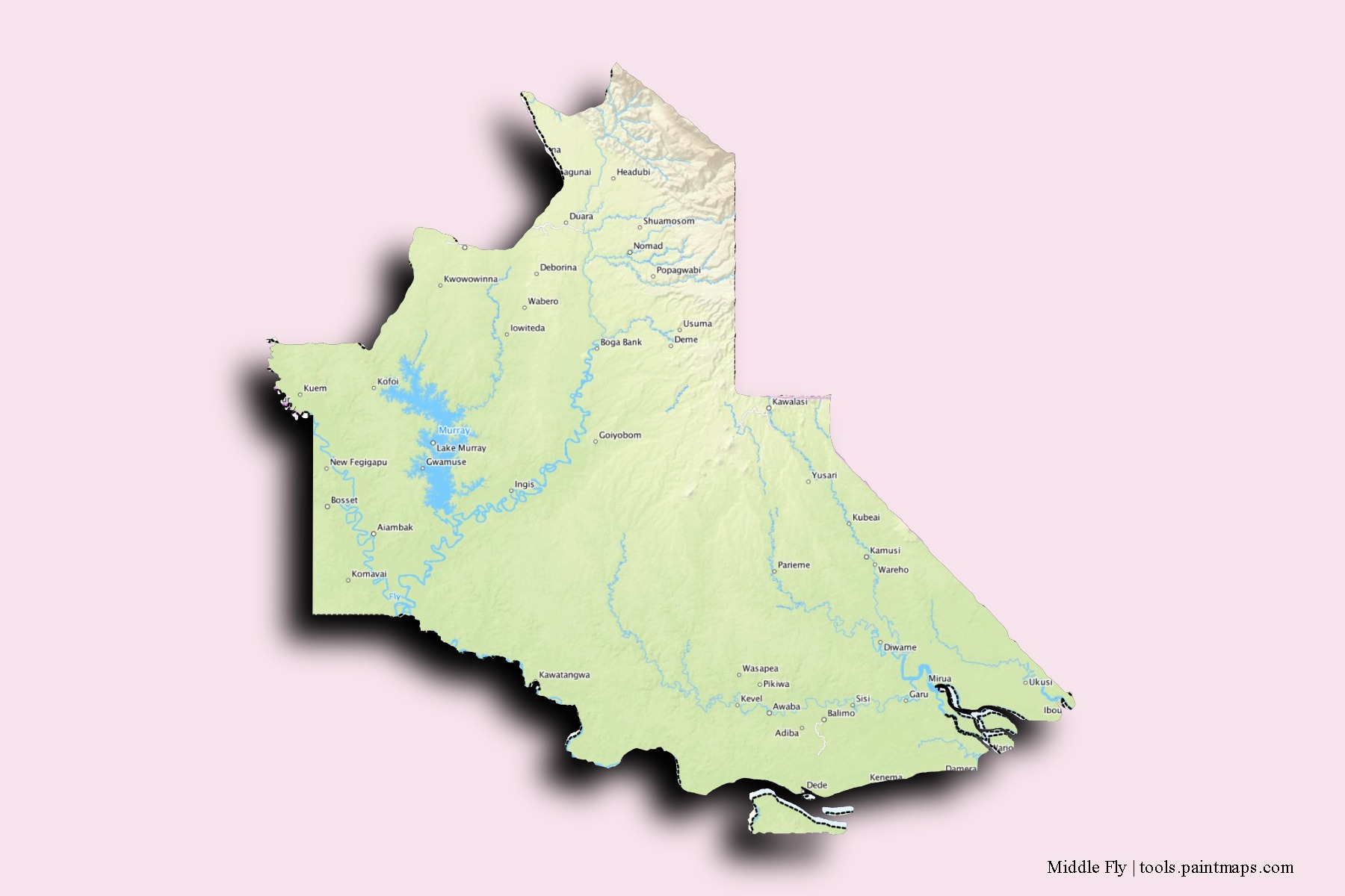 Middle Fly neighborhoods and villages map with 3D shadow effect