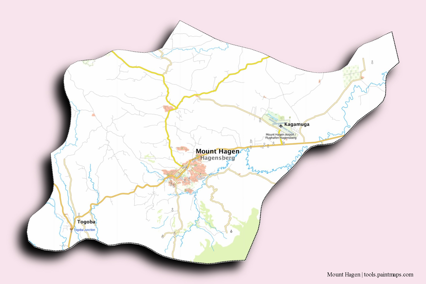 3D gölge efektli Mount Hagen mahalleleri ve köyleri haritası