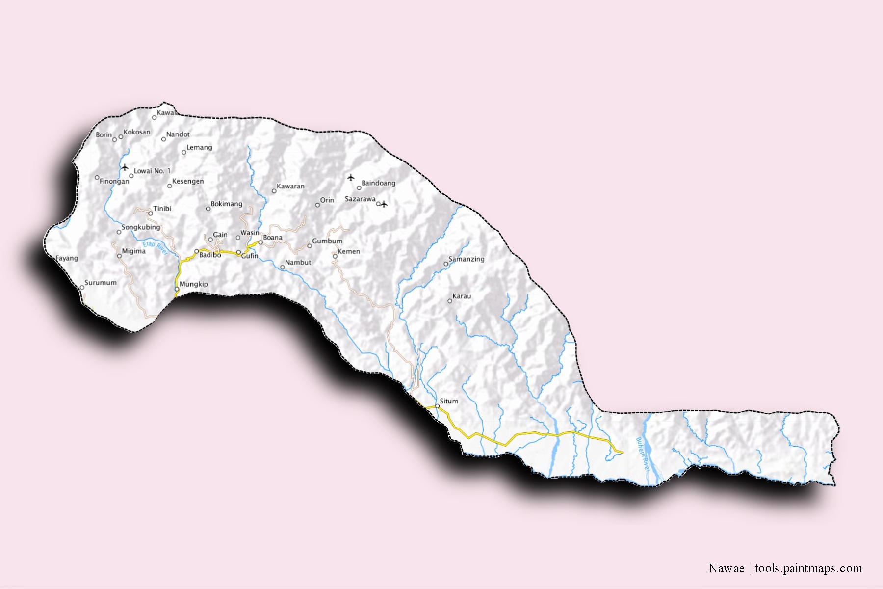 Nawae neighborhoods and villages map with 3D shadow effect