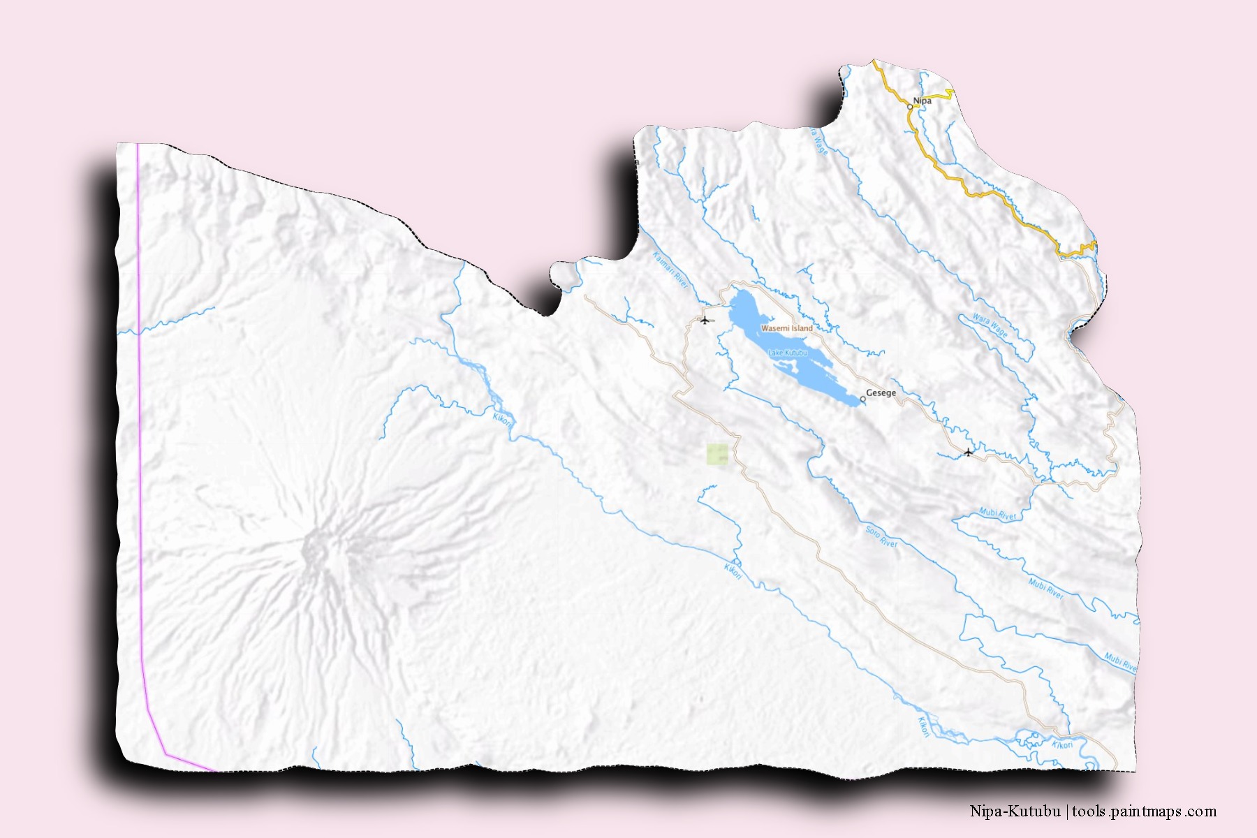 Nipa-Kutubu neighborhoods and villages map with 3D shadow effect