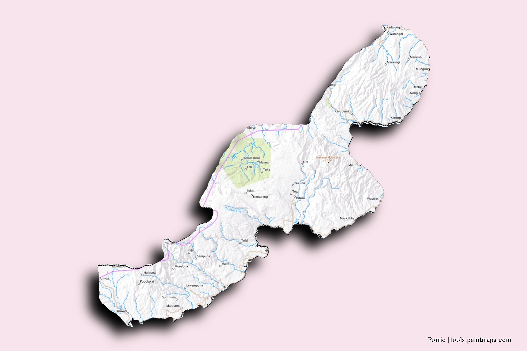 Mapa de barrios y pueblos de Pomio con efecto de sombra 3D