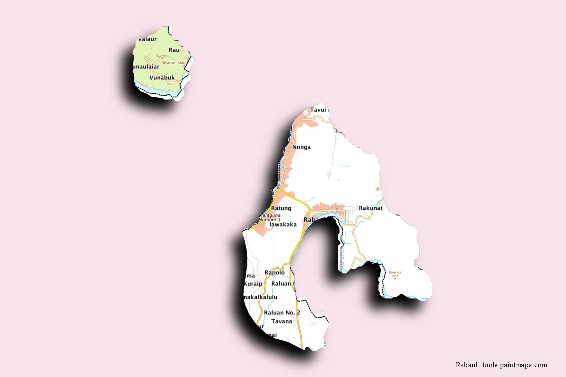 3D gölge efektli Rabaul mahalleleri ve köyleri haritası